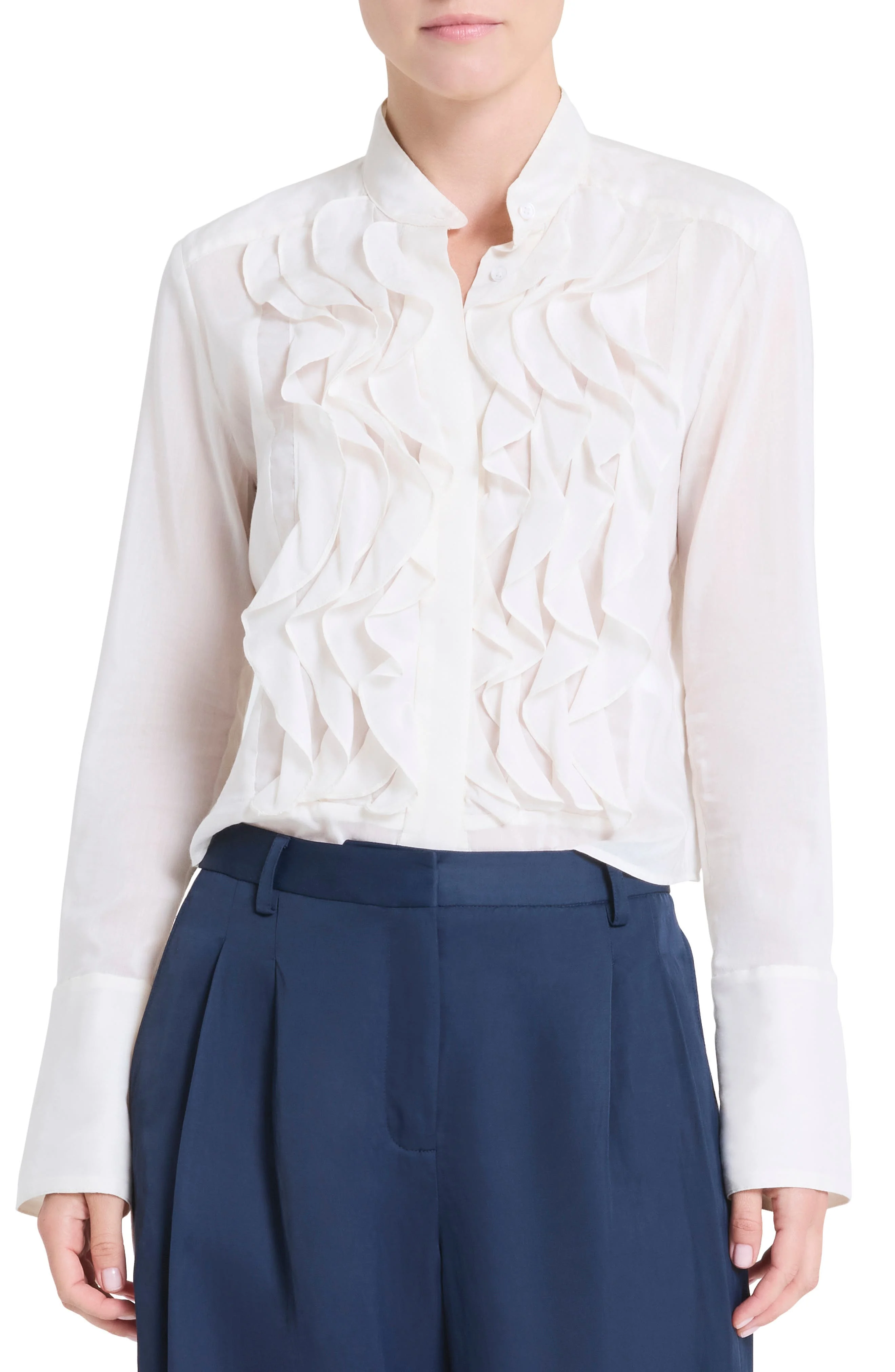 TWP Patti Ruffle Front Cotton & Silk Button-Up Shirt in White at Nordstrom - 1