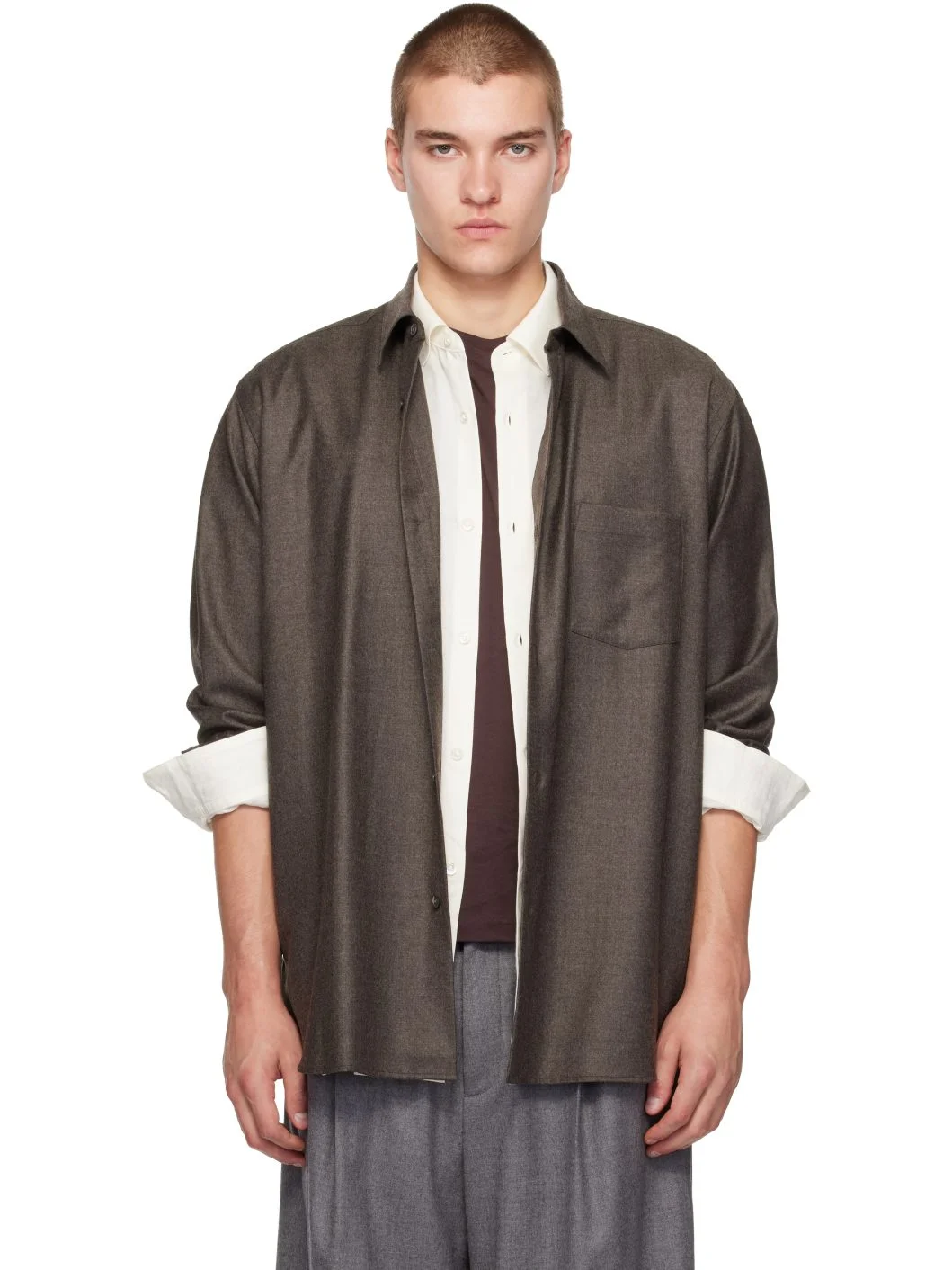 Brown Extra Fine Wool Oversized Regular Collar Shirt - 1