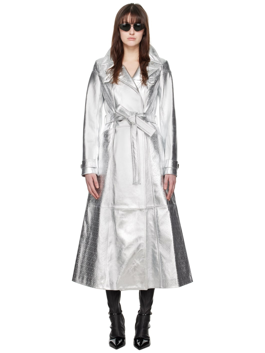 Silver Laminated Leather Trench Coat - 1