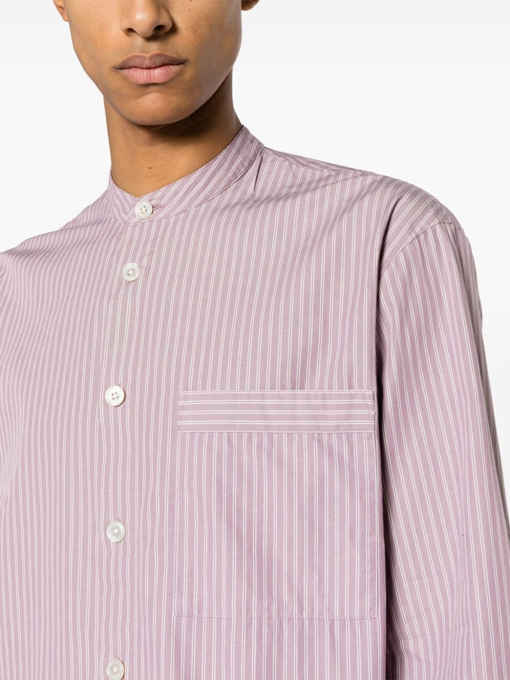 stripe-pattern collarless shirt - 5