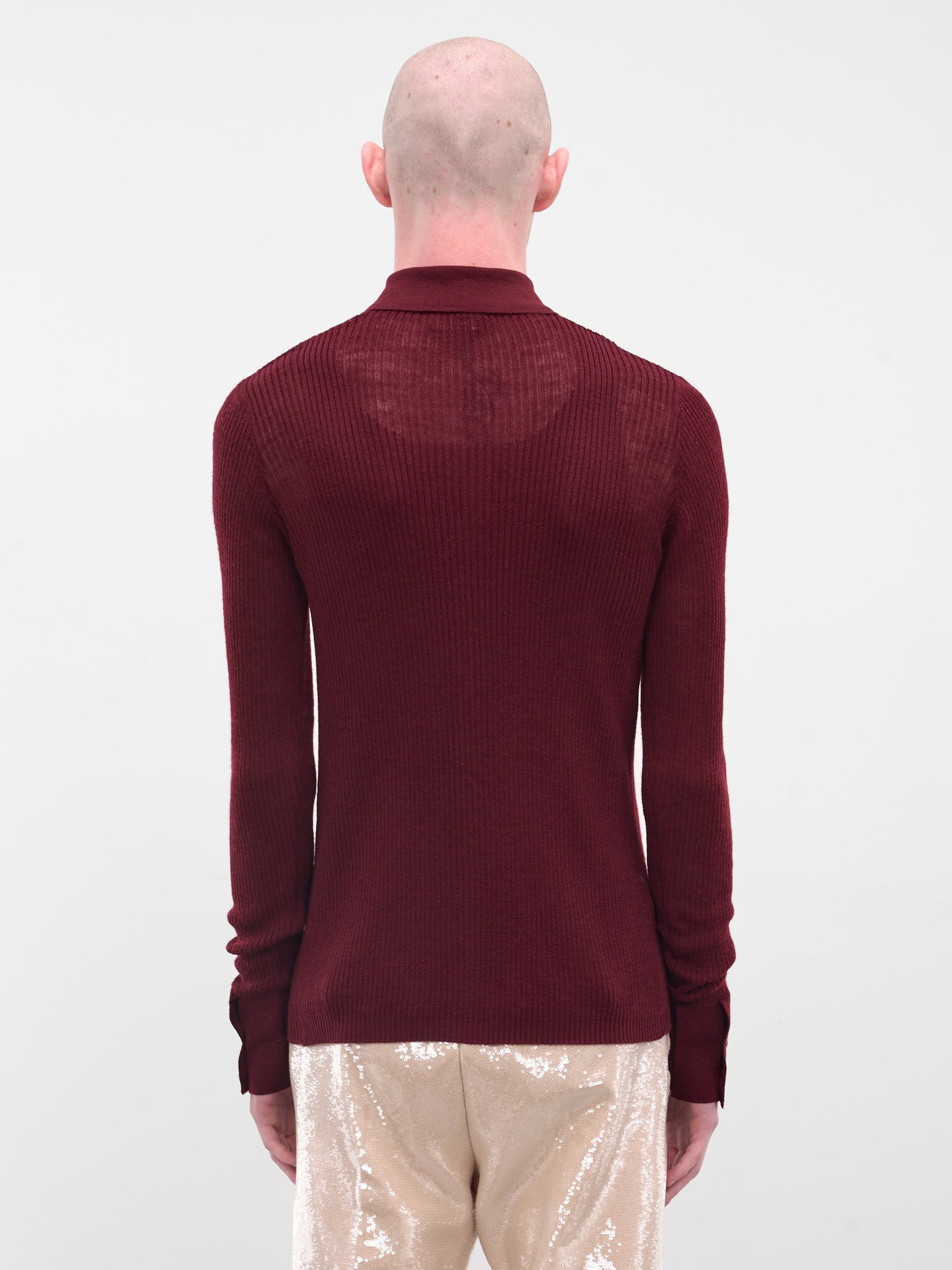 Red Rib-Knit Button-Up Shirt - 3
