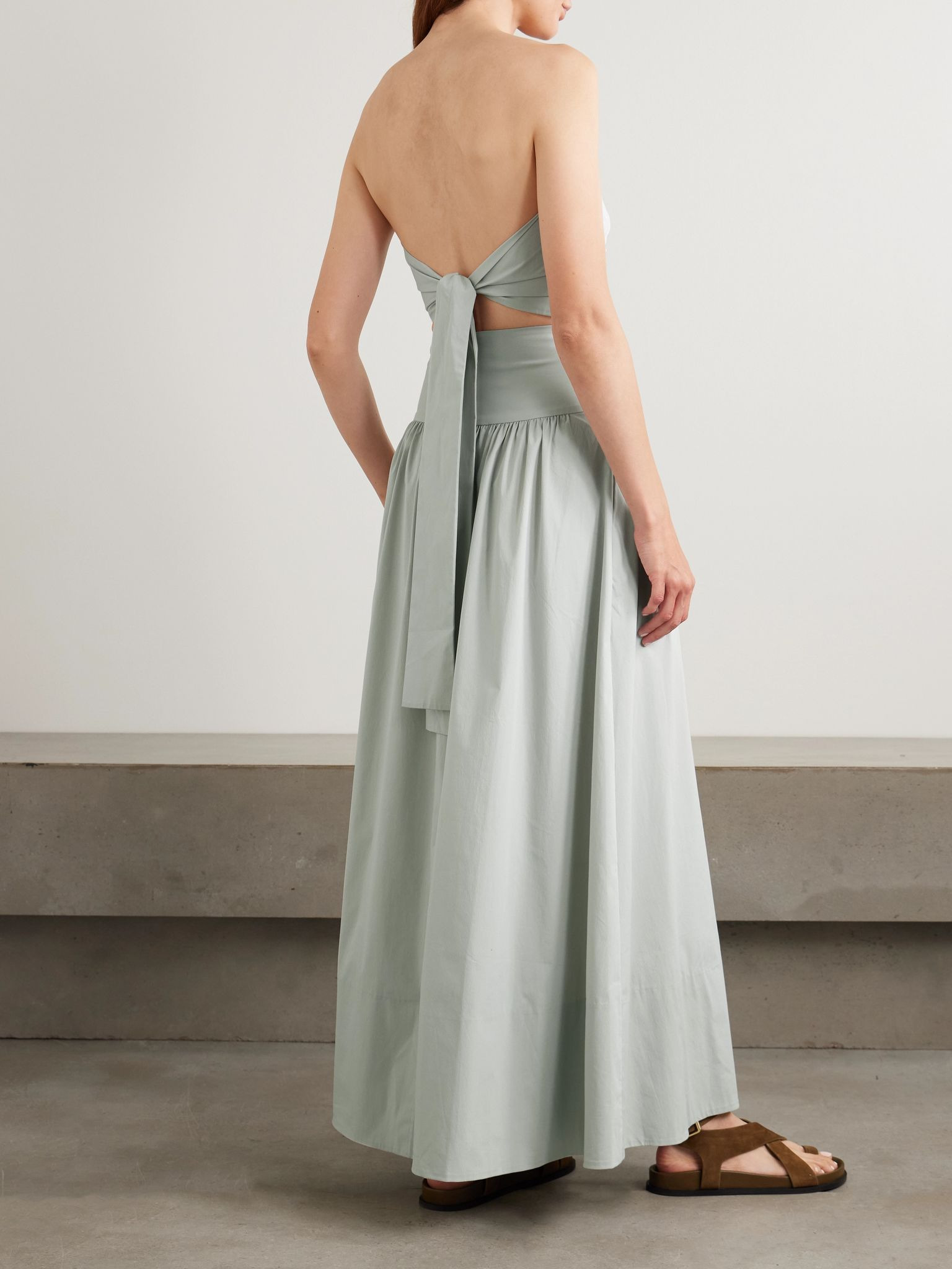 Strapless tie-back crinkled cotton-blend maxi dress Silver - 3