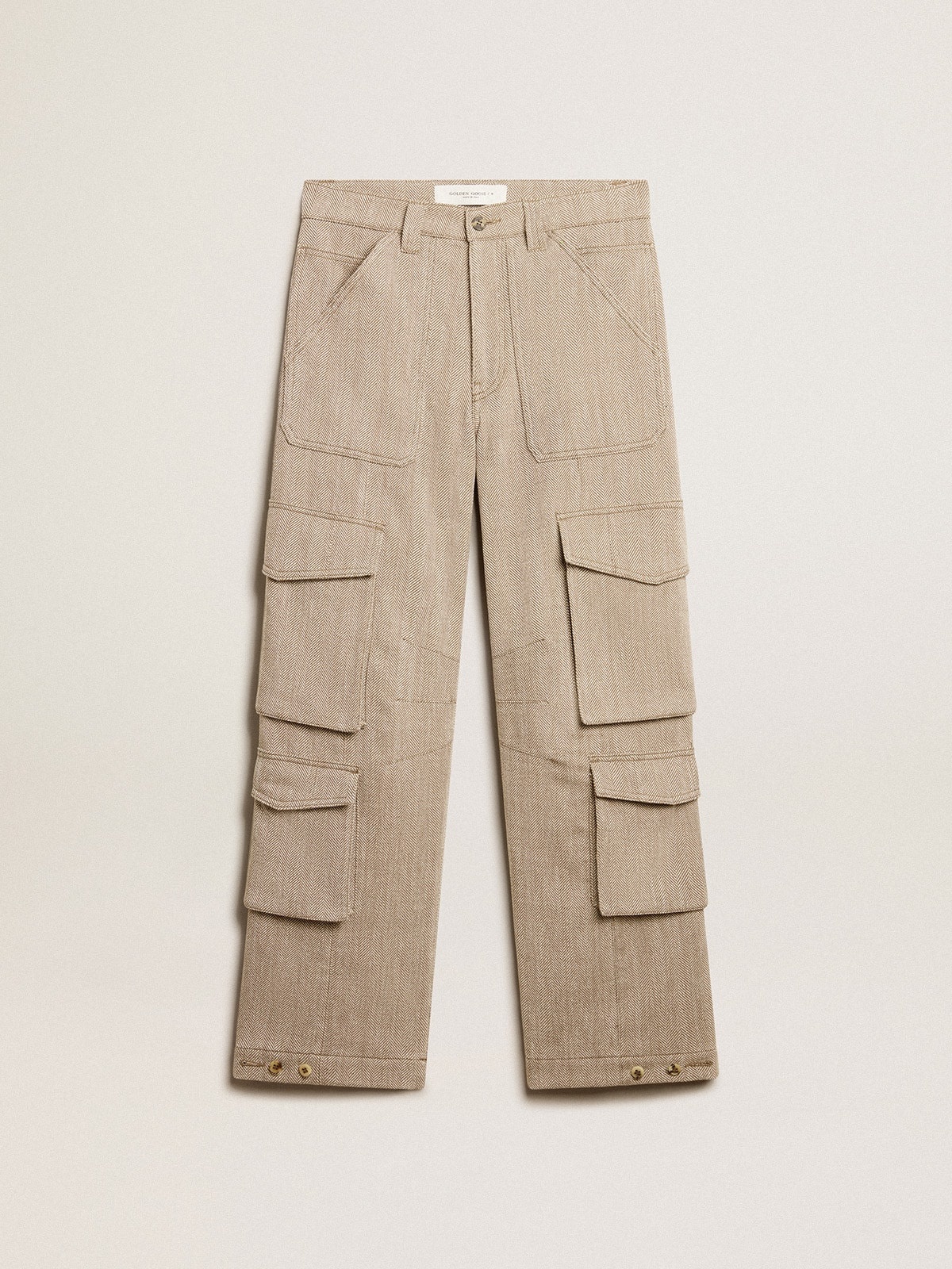 Women's dark olive-colored cotton cargo pants with a herringbone design - 1