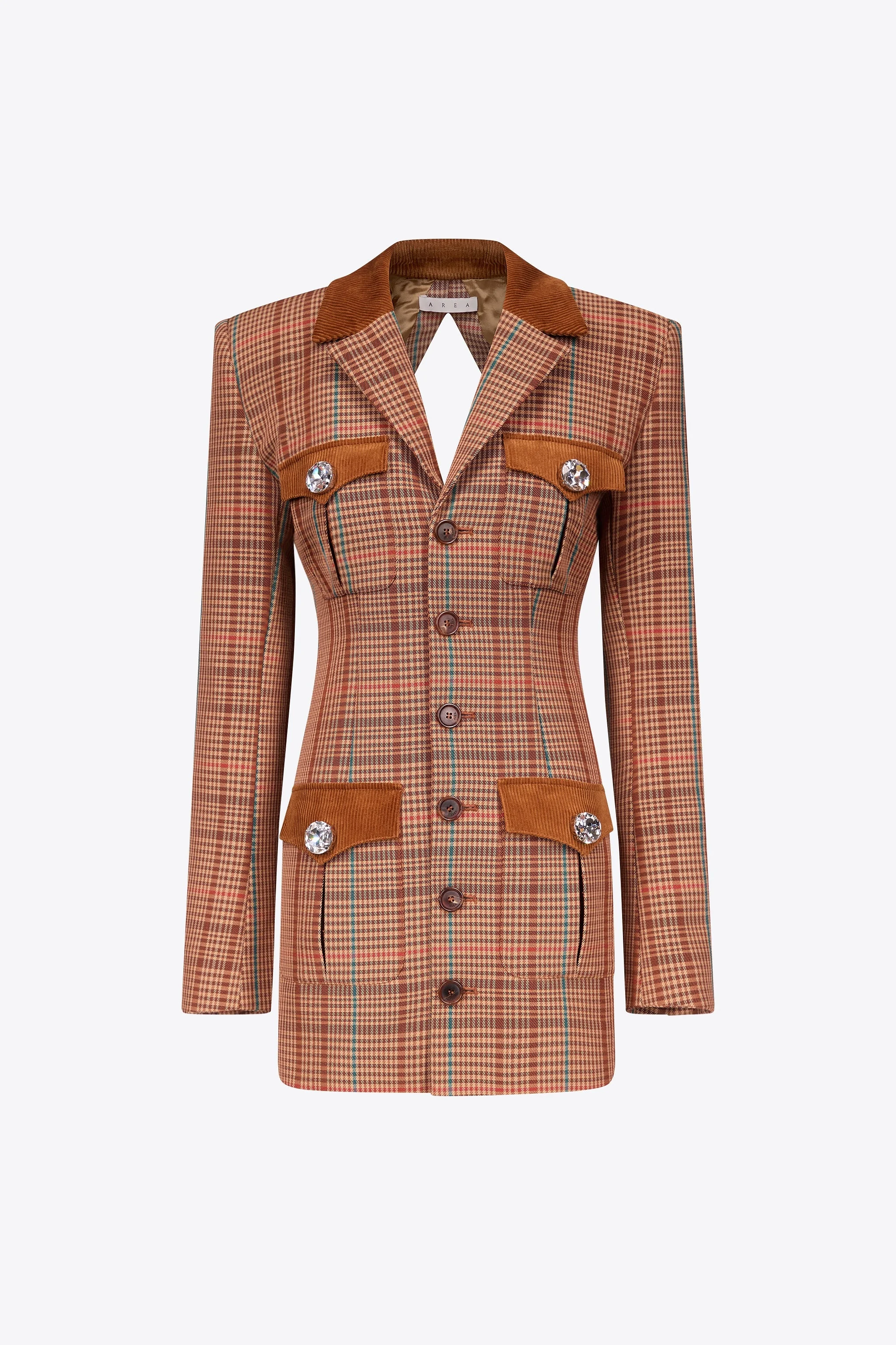 CRYSTAL BUTTON CHECKED OPEN BACK BLAZER DRESS - 1