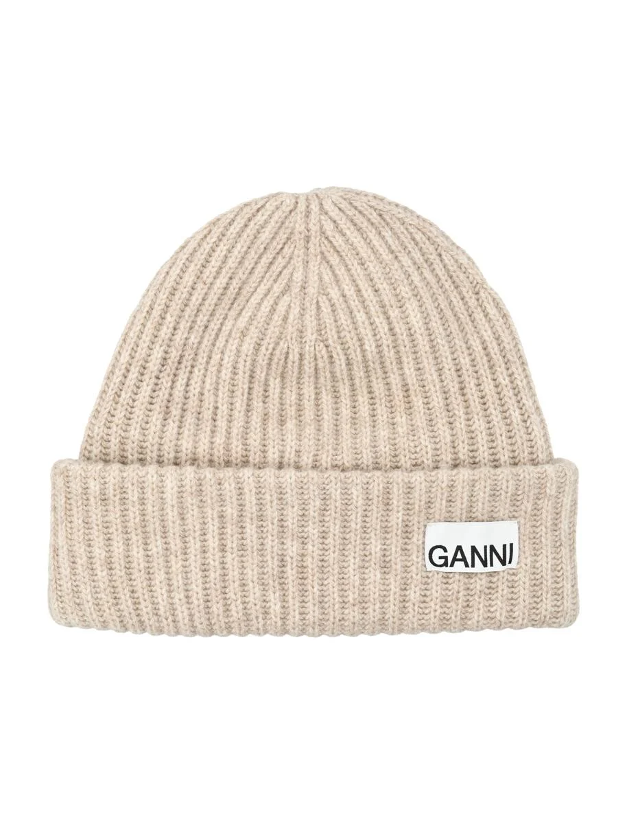 Ganni Ribbed Wool Logo Beanie - 1