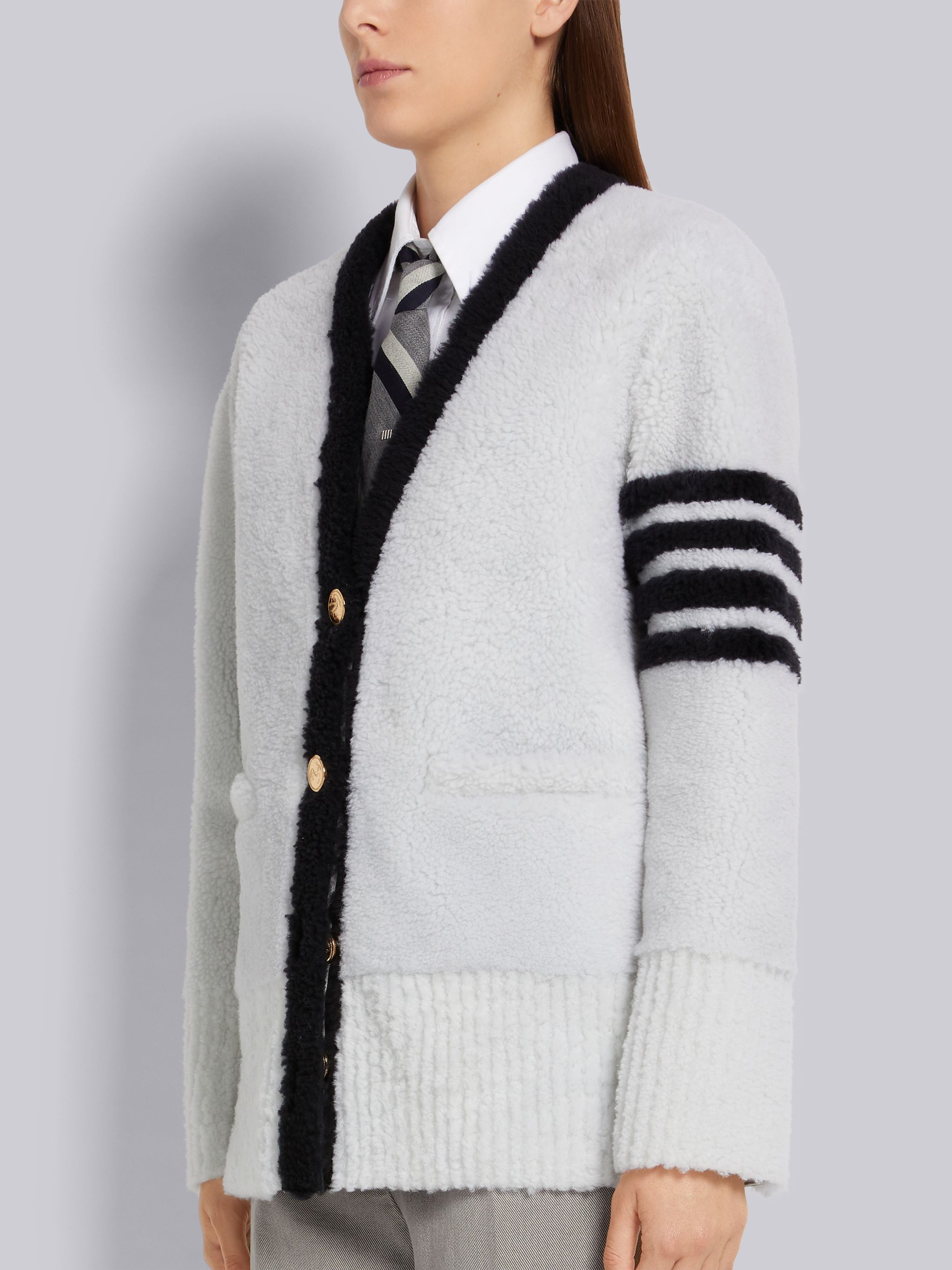 White Shearling Contrast 4-Bar V-Neck Cardigan Jacket - 2
