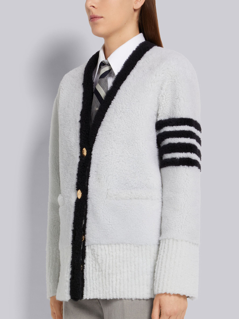 Thom Browne White Shearling Contrast 4-Bar V-Neck Cardigan Jacket outlook