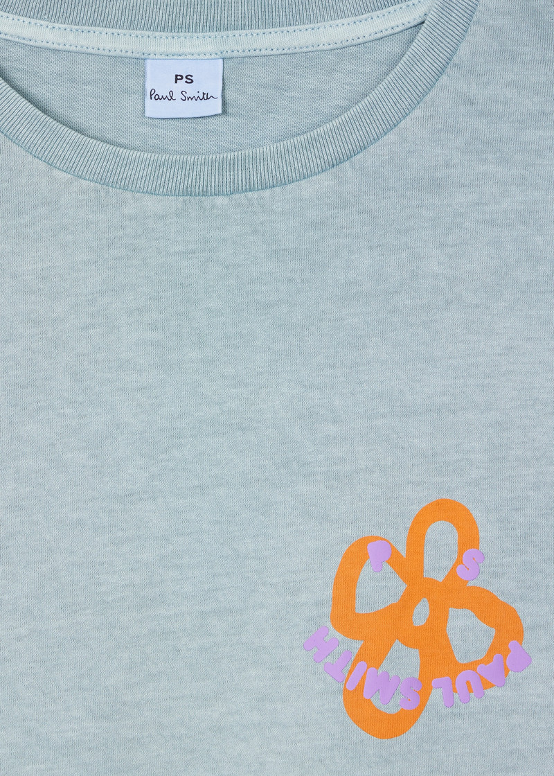 Paul Smith Women's Light Turquoise Acid Wash 'Happy' Flower T-Shirt outlook
