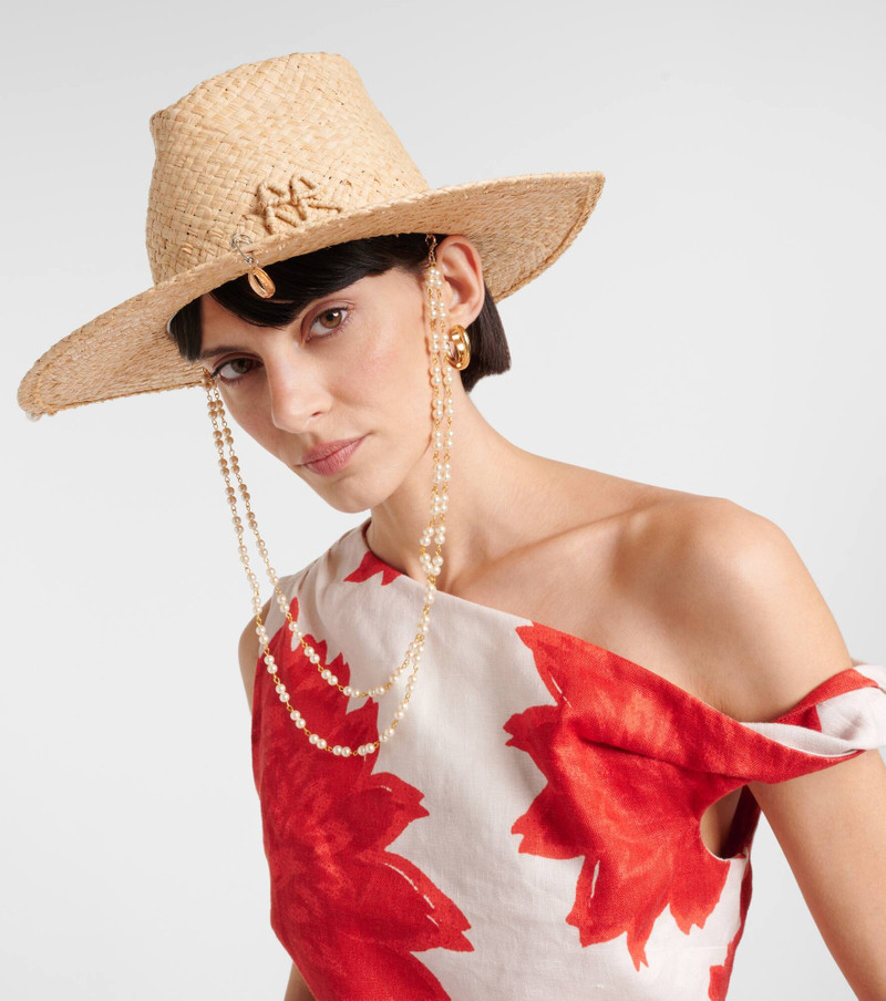 RUSLAN BAGINSKIY Logo faux pearl-embellished straw fedora outlook