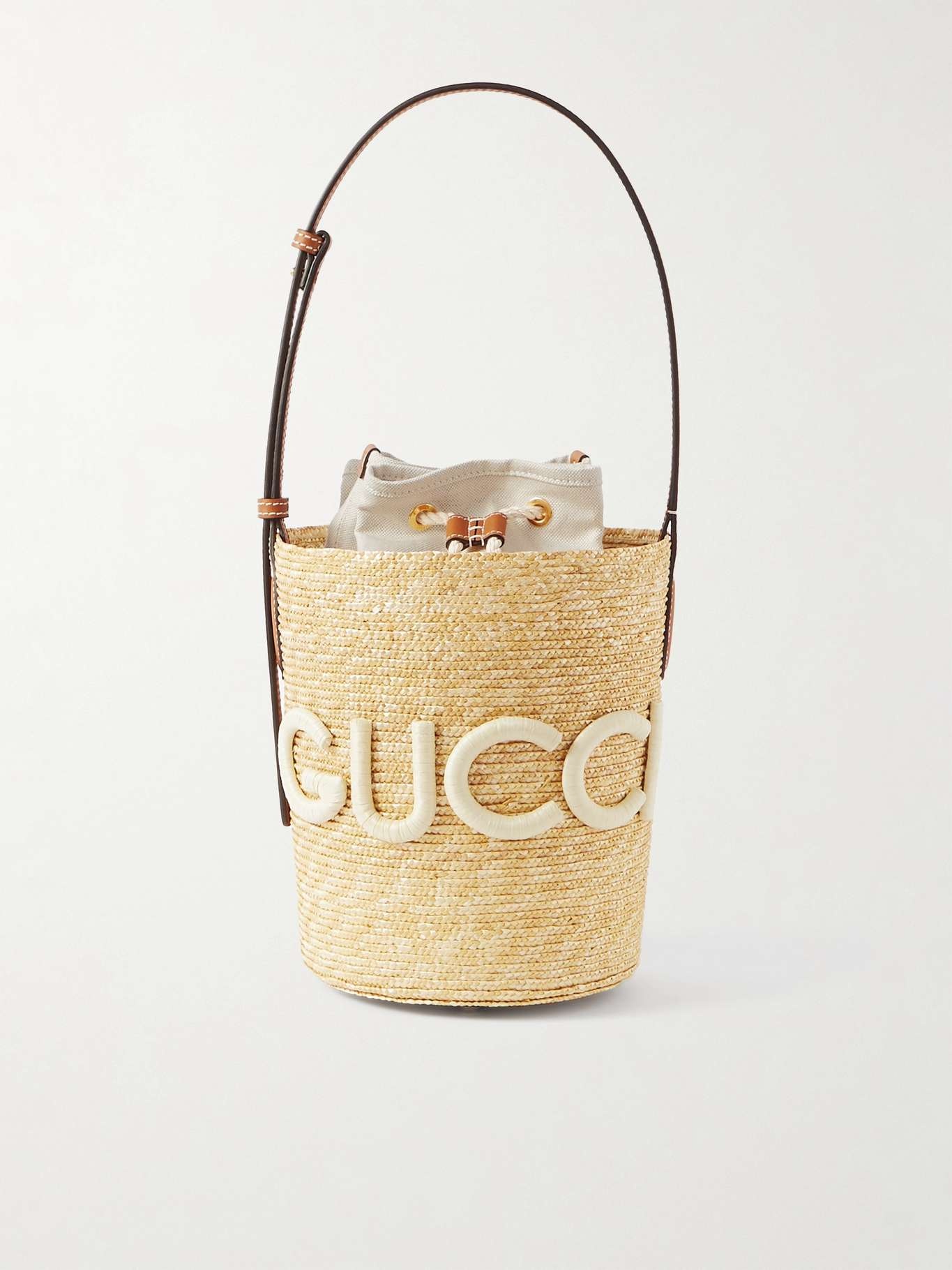 Leather-trimmed appliquéd raffia bucket bag - 1