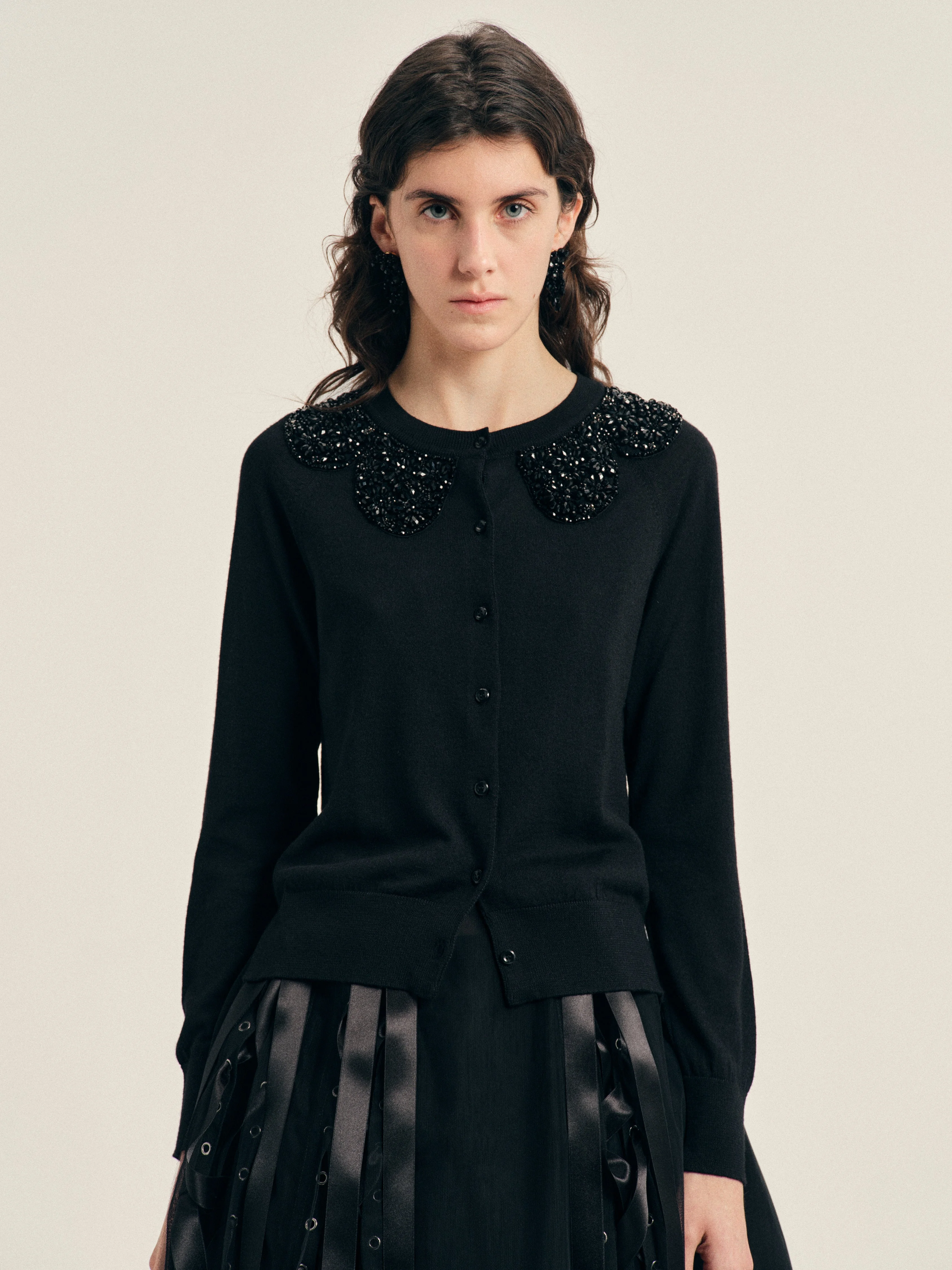 Turbo Embellished Classic Merino Silk Cardigan - 1