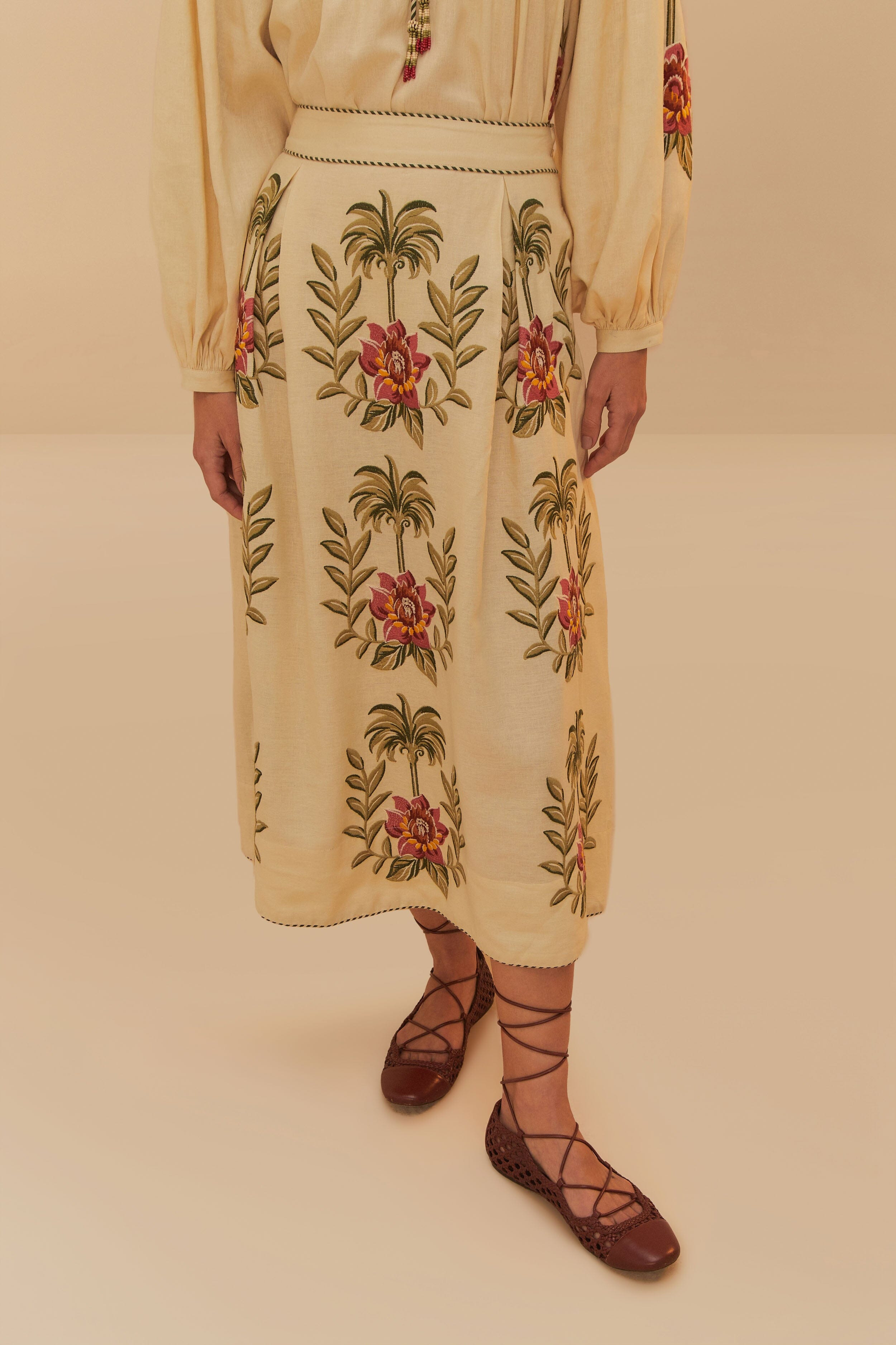 Sand Tropical Flower Embroidered Lenzing™ Ecovero™ Euroflax™ Maxi Skirt - 2