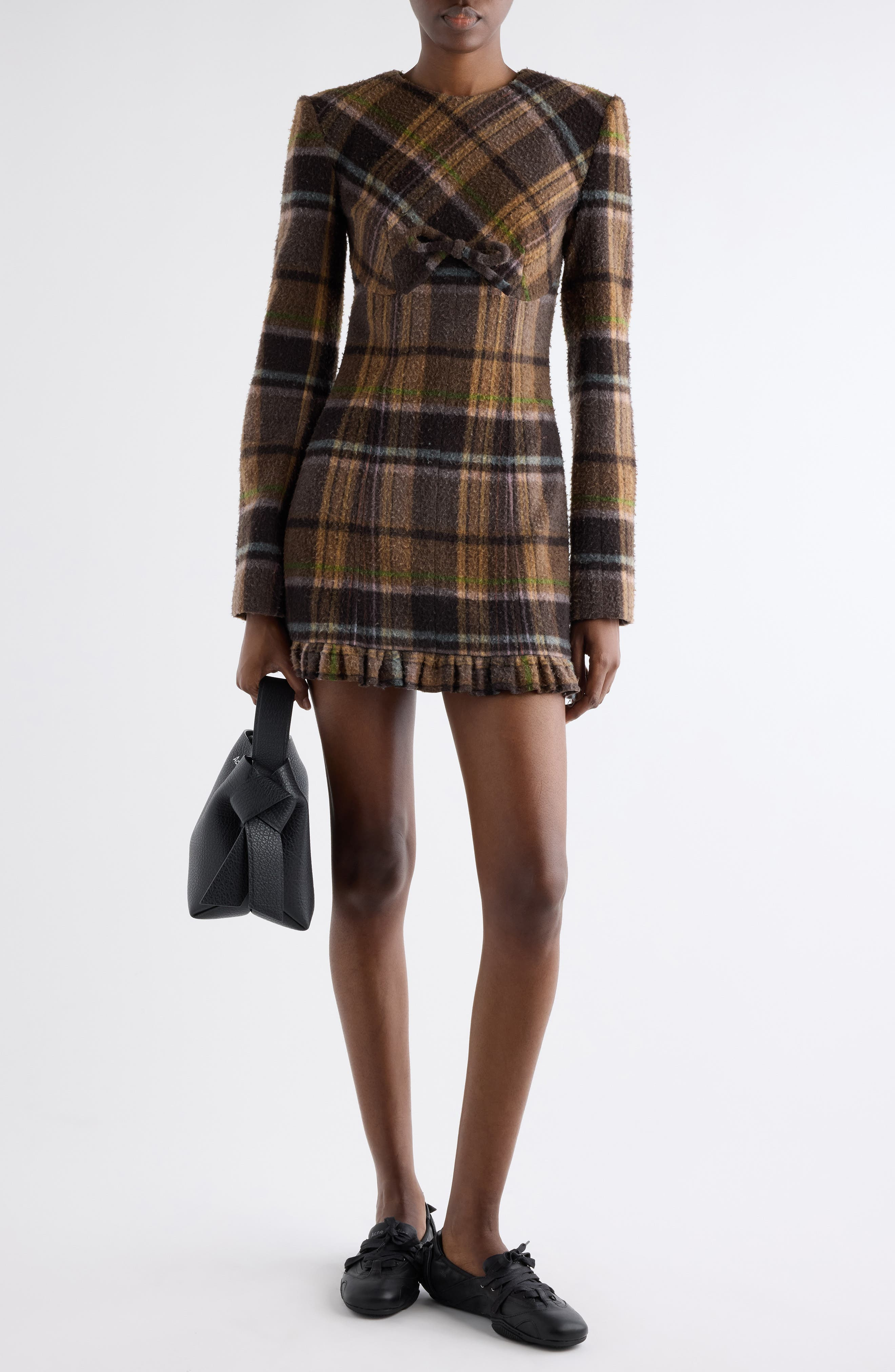 Acne Studios Delfin Plaid Long Sleeve Wool Blend Minidress in Multi Brown at Nordstrom - 2