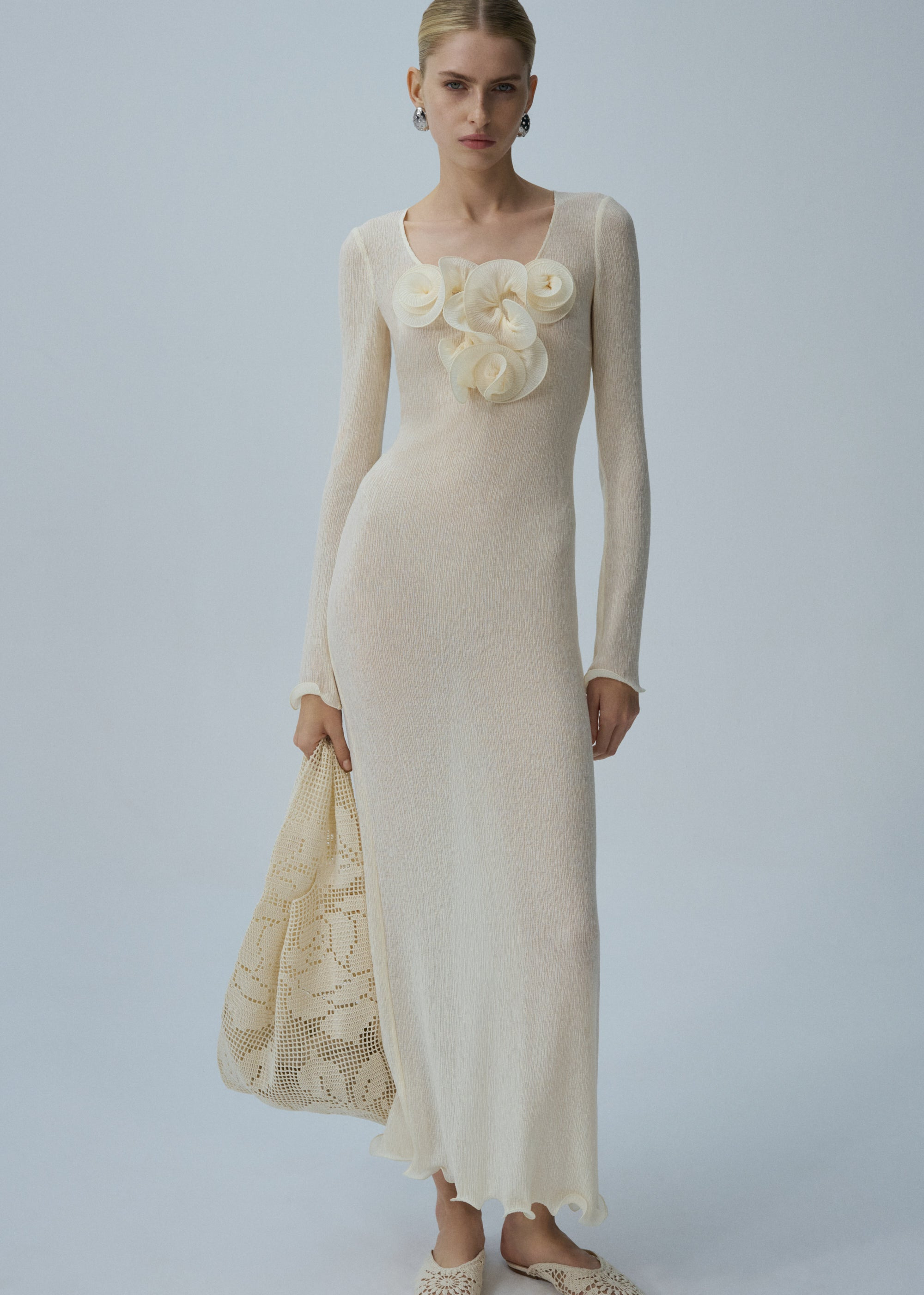 Long sleeve crepe beach maxi dress in cream - 3