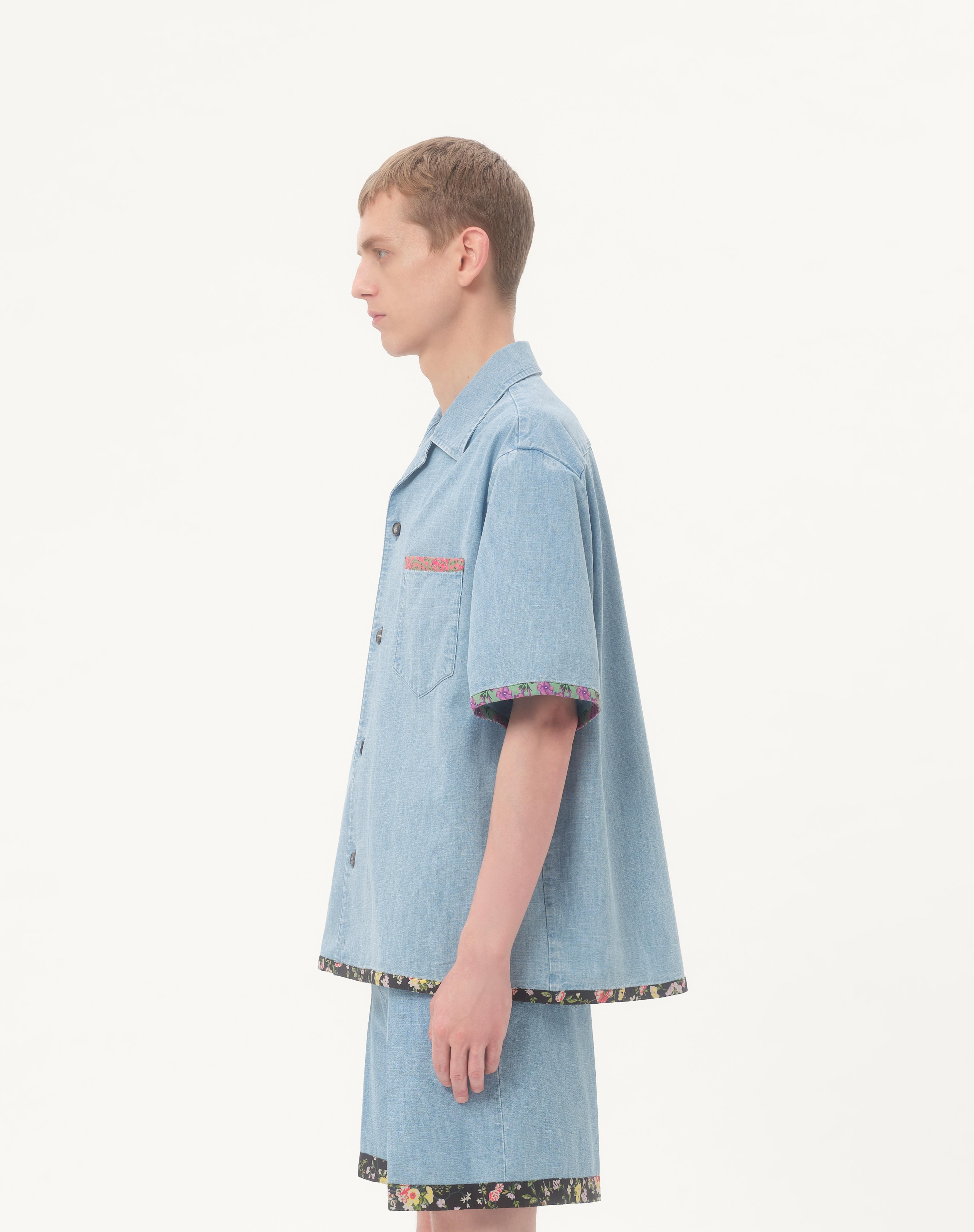DENIM BOWLING SHIRT WITH FLORAL PRINT TRIM - 6