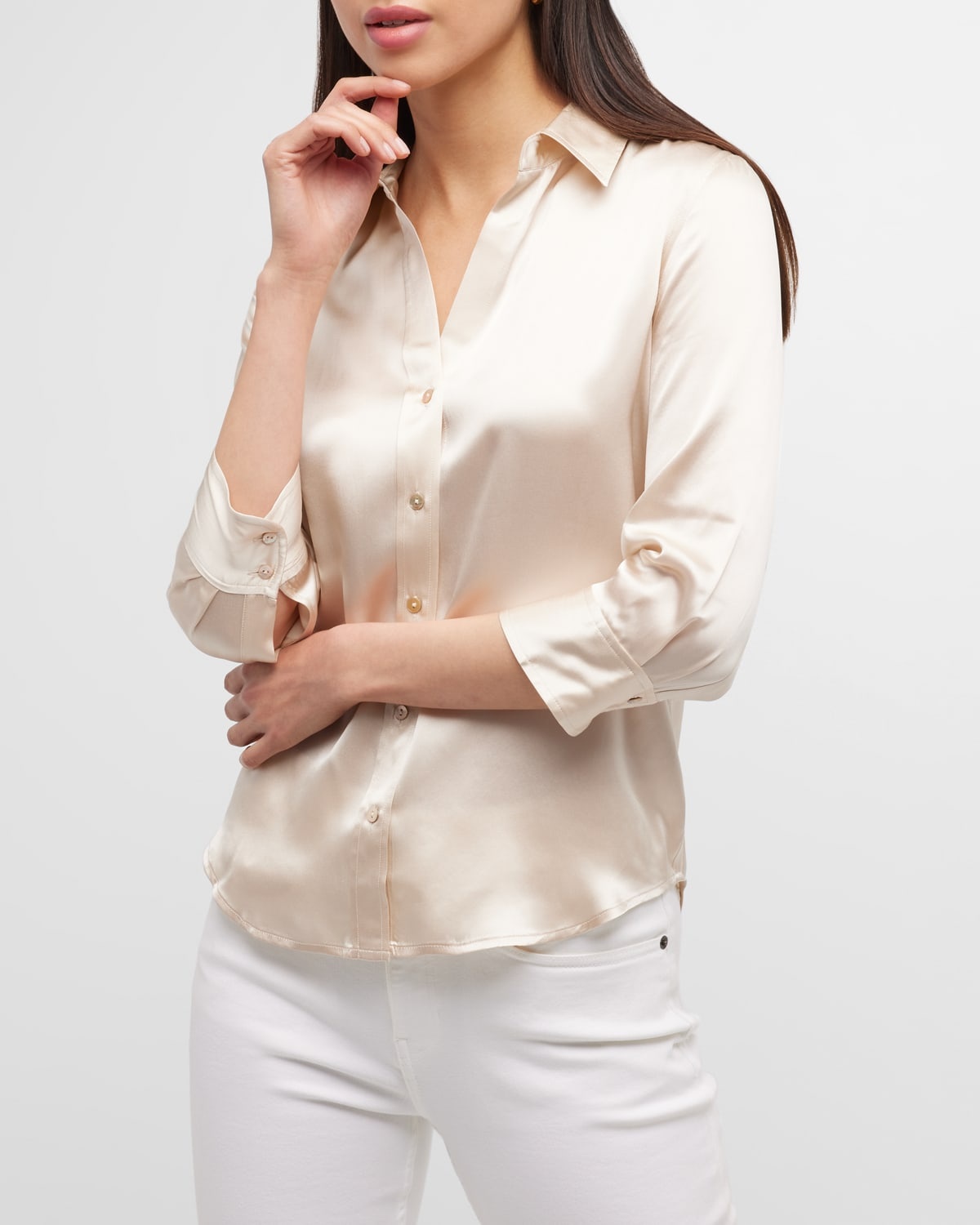 Dani Silk Satin 3/4-Sleeve Button-Down Blouse - 7