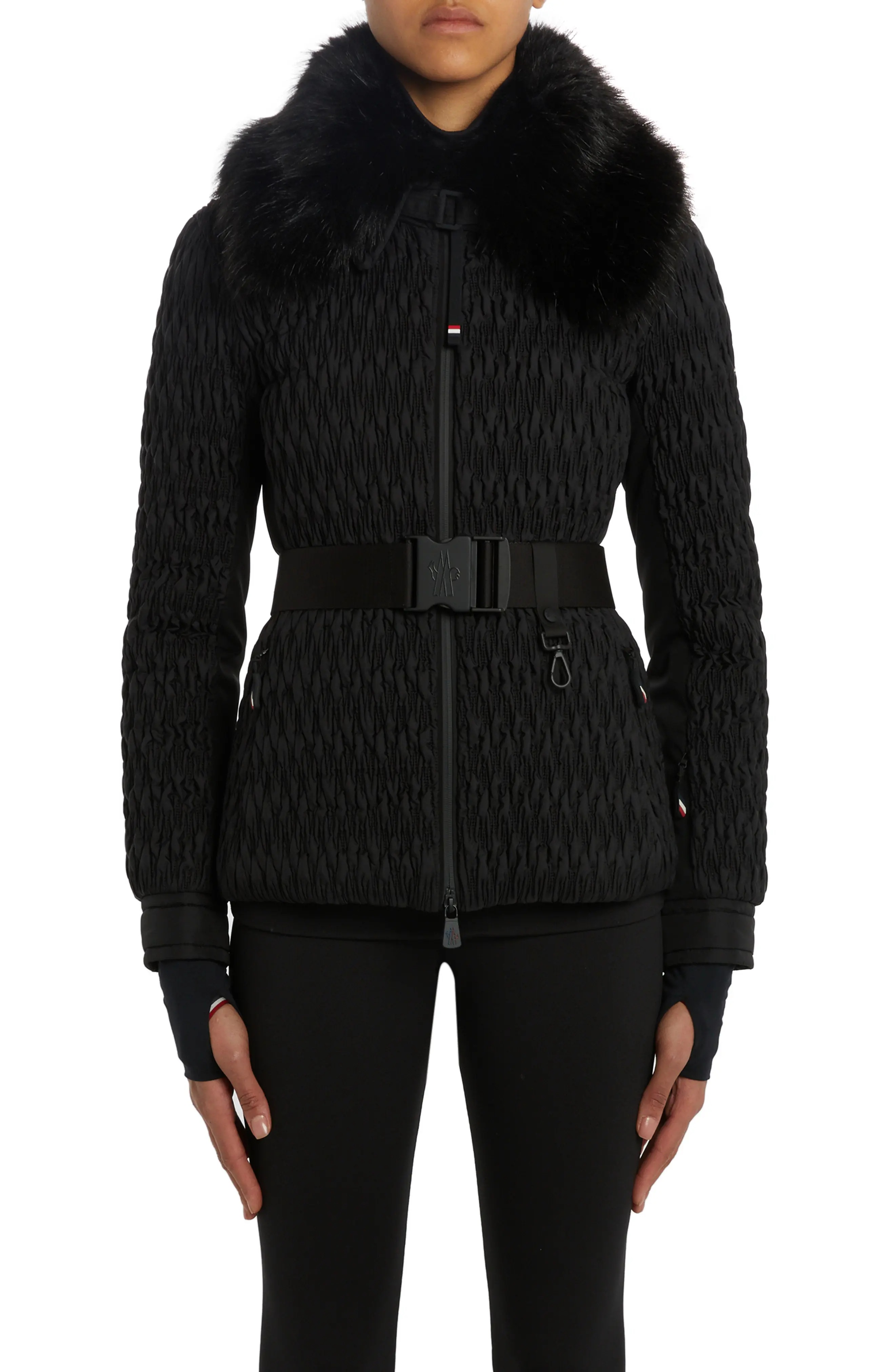 Plantrey Pleated Belted Down Jacket with Removable Faux Fur Collar - 1
