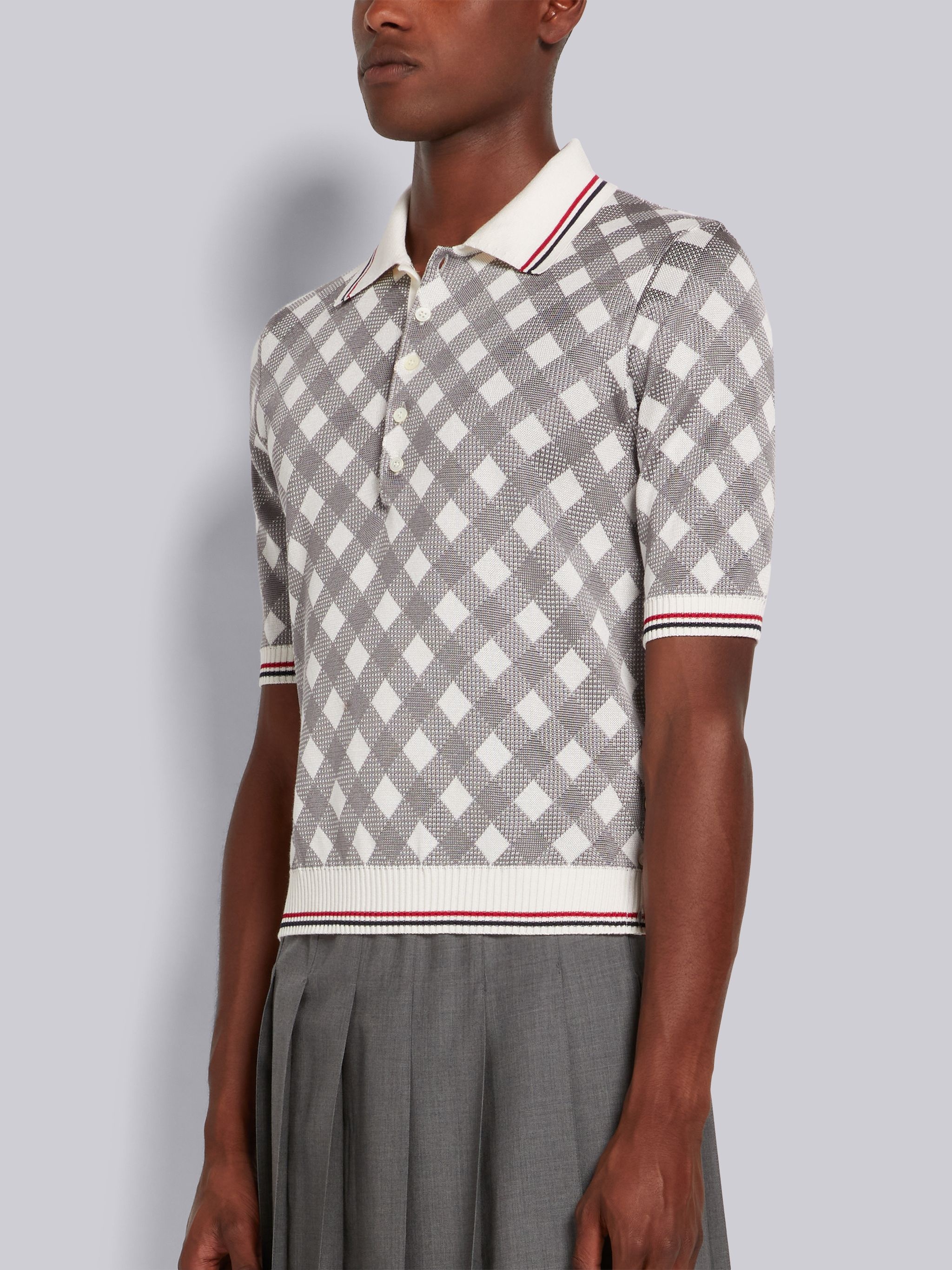 Light Grey Gingham Jacquard Cotton Silk Stripe Tipping Polo - 2