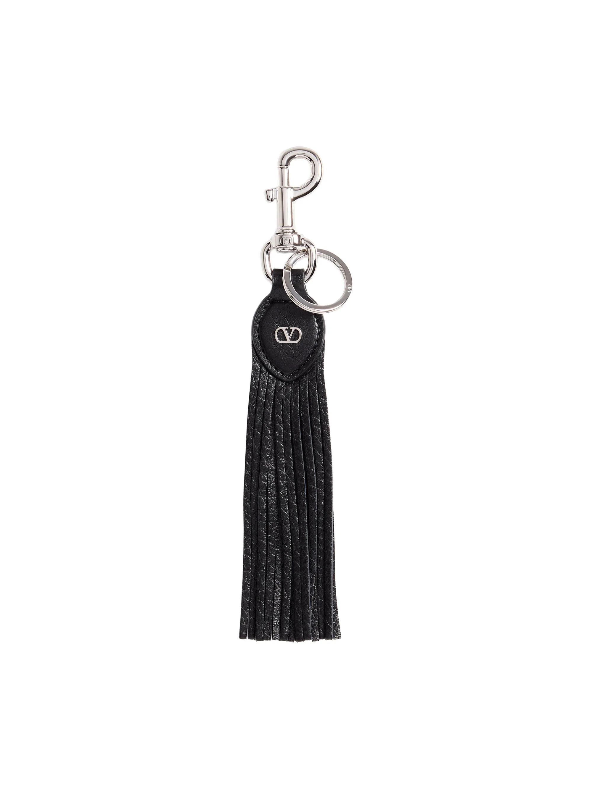 Men's VLogo Signature Key Ring in Grainy Calfskin and Metal - Black - 1