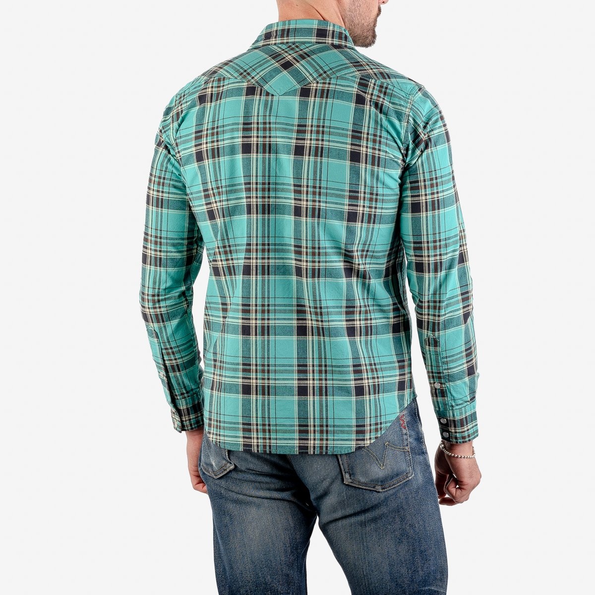 IHSH-355-GRN 5oz Selvedge Madras Check Western Shirt - Green - 3