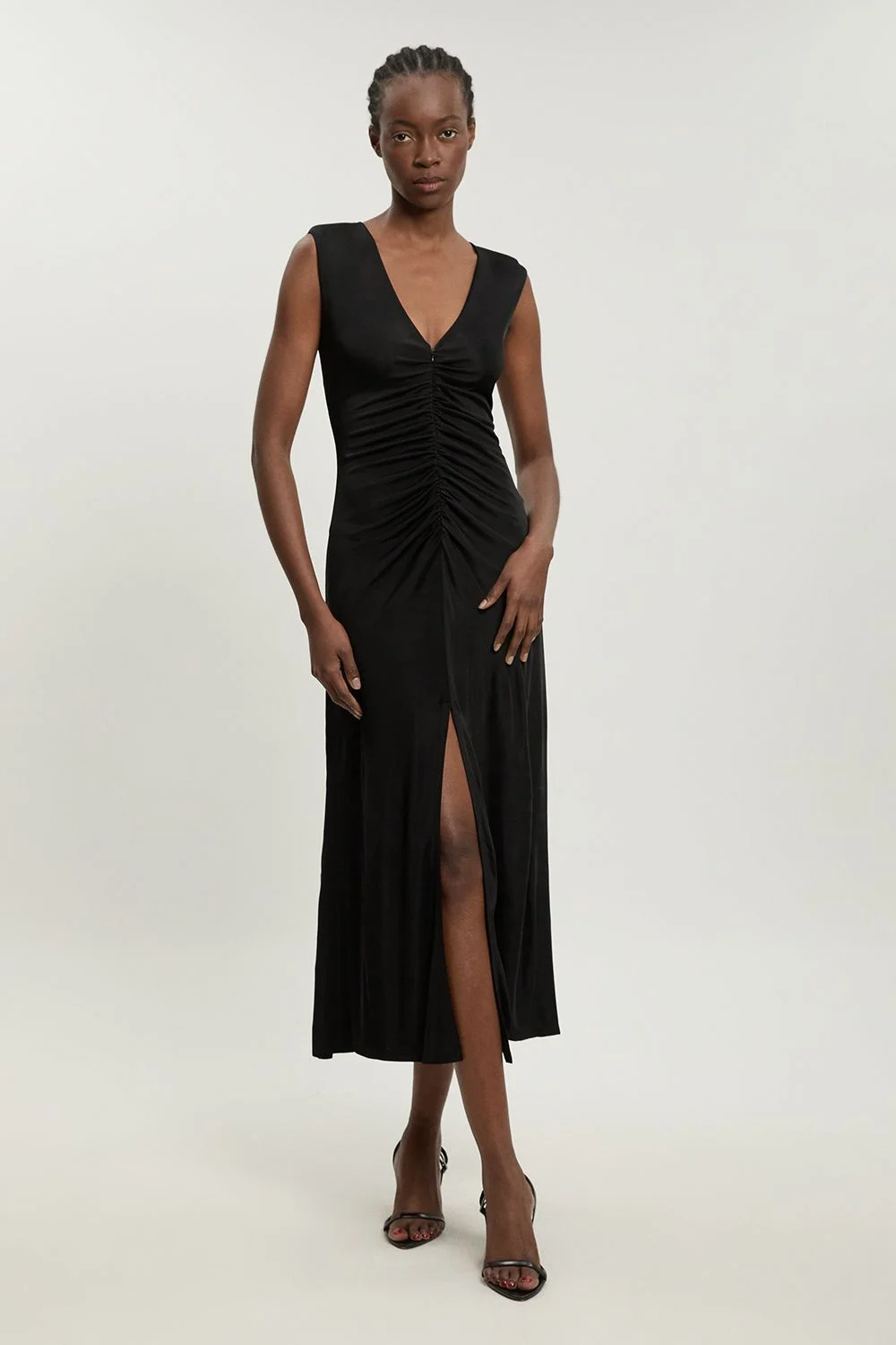Plunge Neckline Viscose Crepe Ruched Front Dress - 1