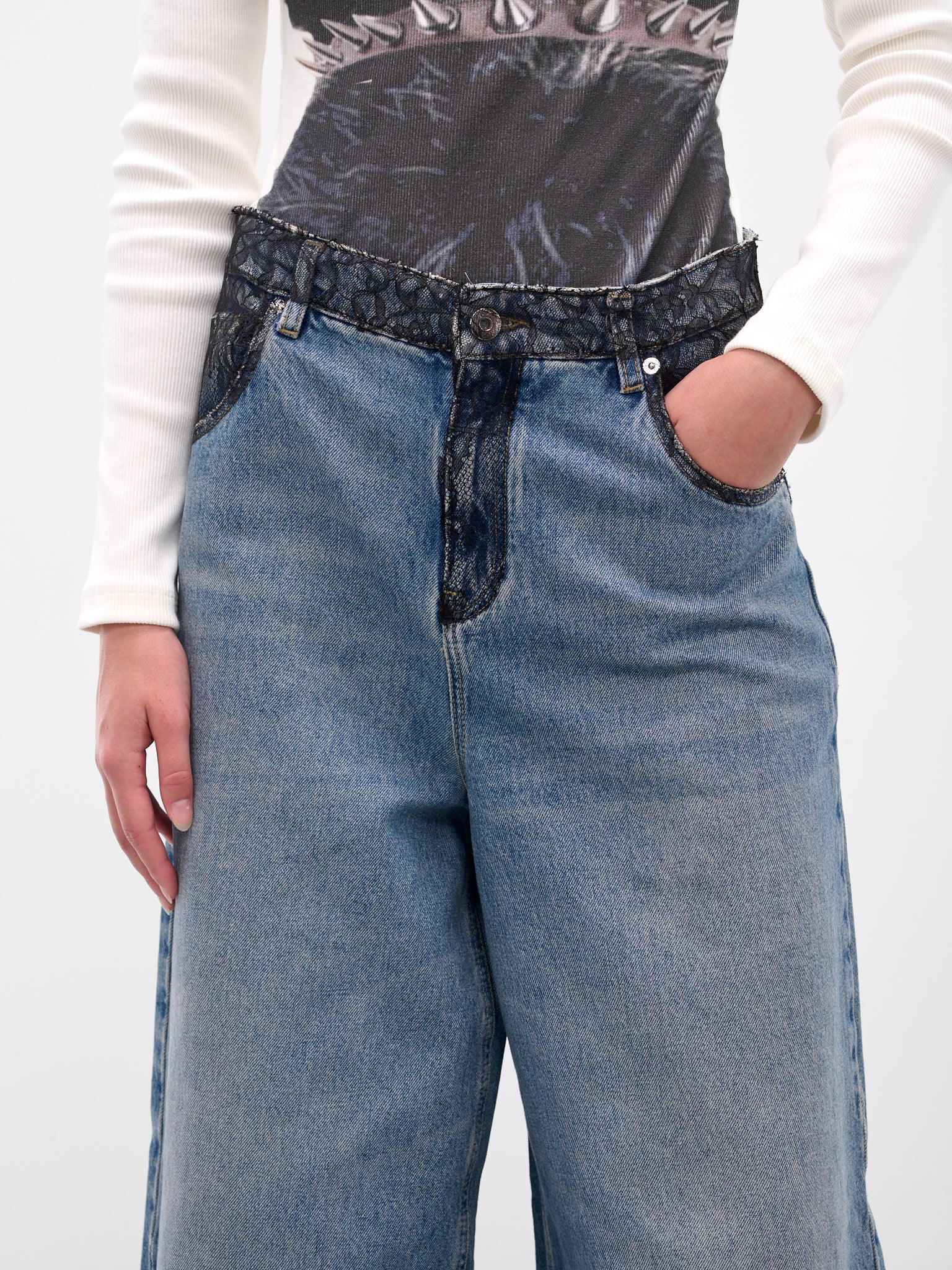 Blue Denim Lace Wide Jeans - 4