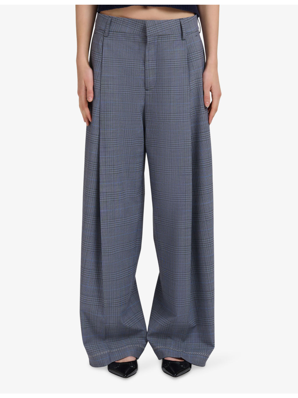 Checked Wide-Leg Mid-Rise Cotton Trousers - 3