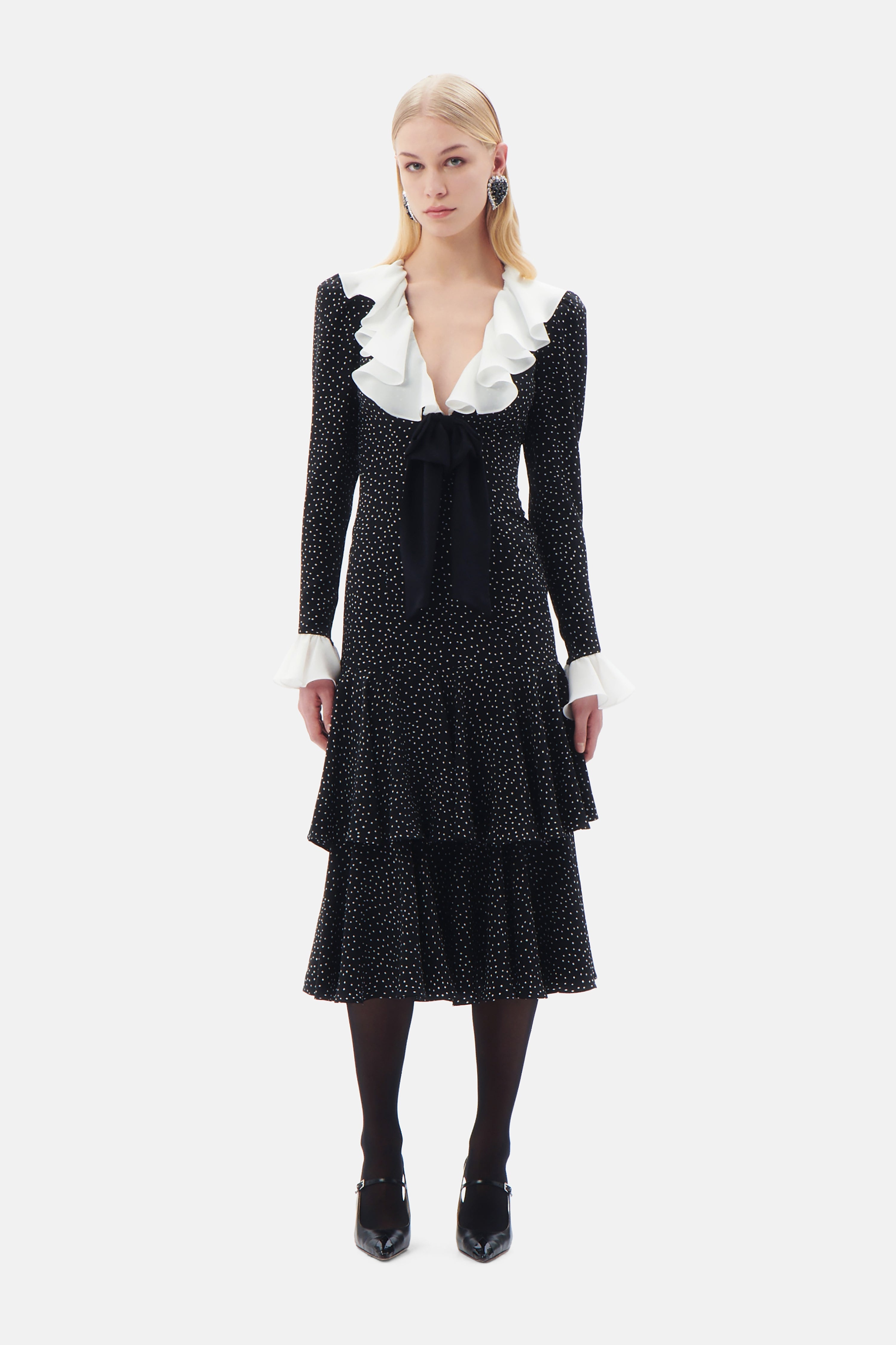 POLKA DOT SILK DRESS WITH VOLANT AND BOW - 4