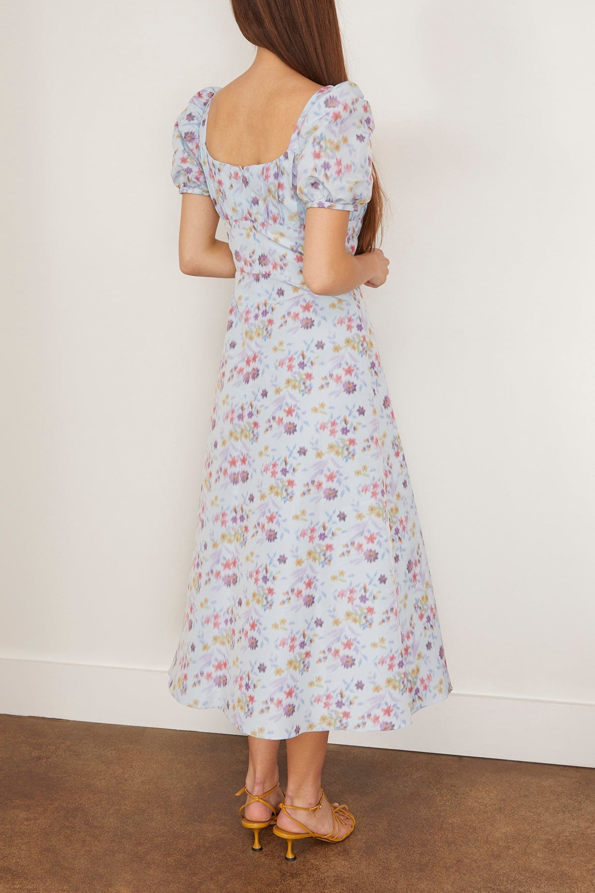 Elora Ikat Puff Sleeve A-Line Midi Dress in Blue and Pink Floral - 4