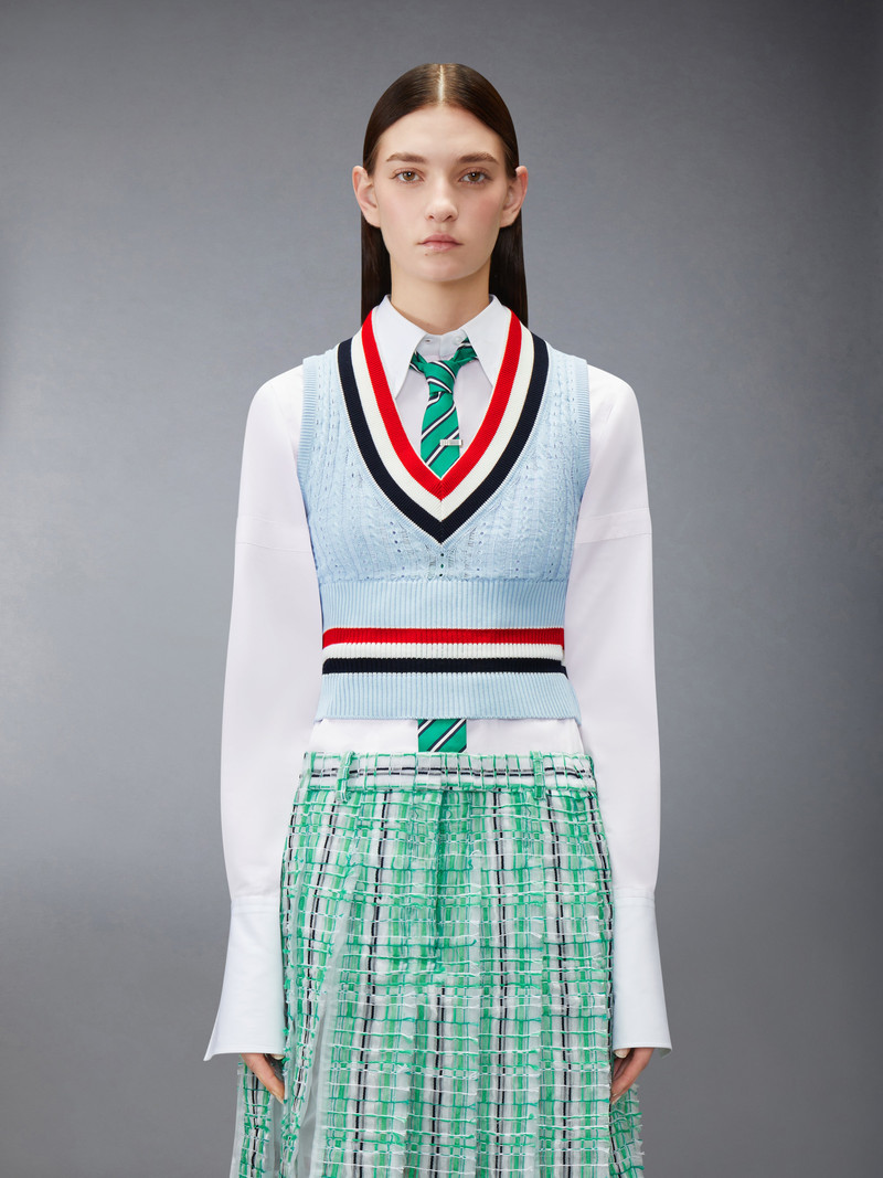 Thom Browne CRICKET RWB STRIPE BABY LADDER CABLE SHRUNKEN VEST outlook