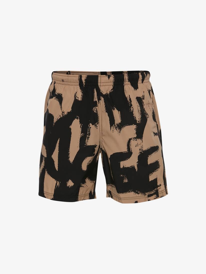 Mcqueen Graffiti Swim Shorts in Black/beige - 1