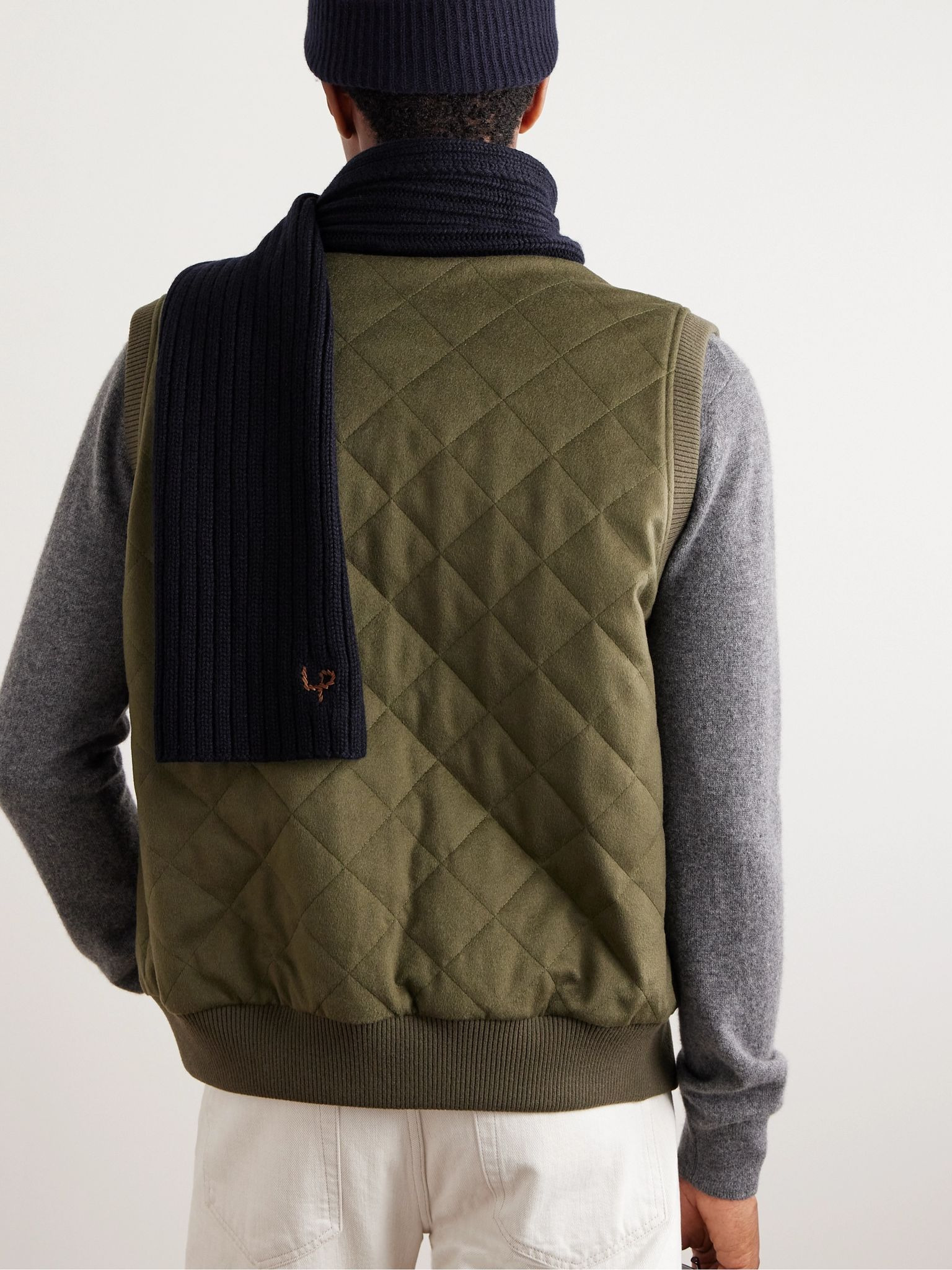Leather-Trimmed Ribbed Cashmere Scarf Navy - 2