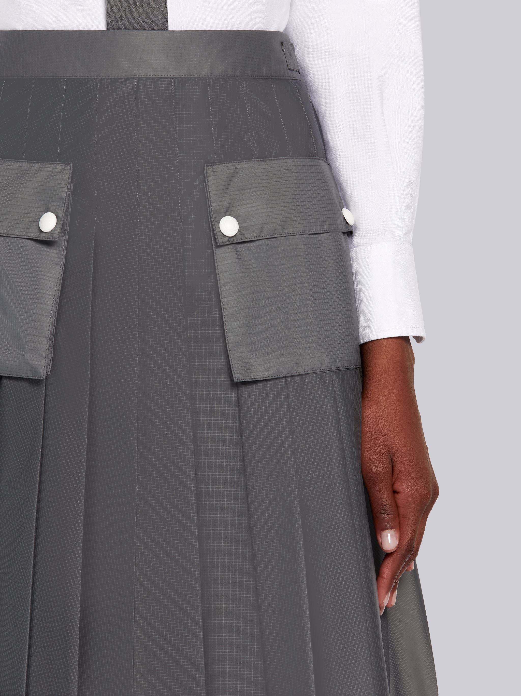 Silver Sheer Ripstop Cargo Pocket Knee Length Pleated Skirt - 5
