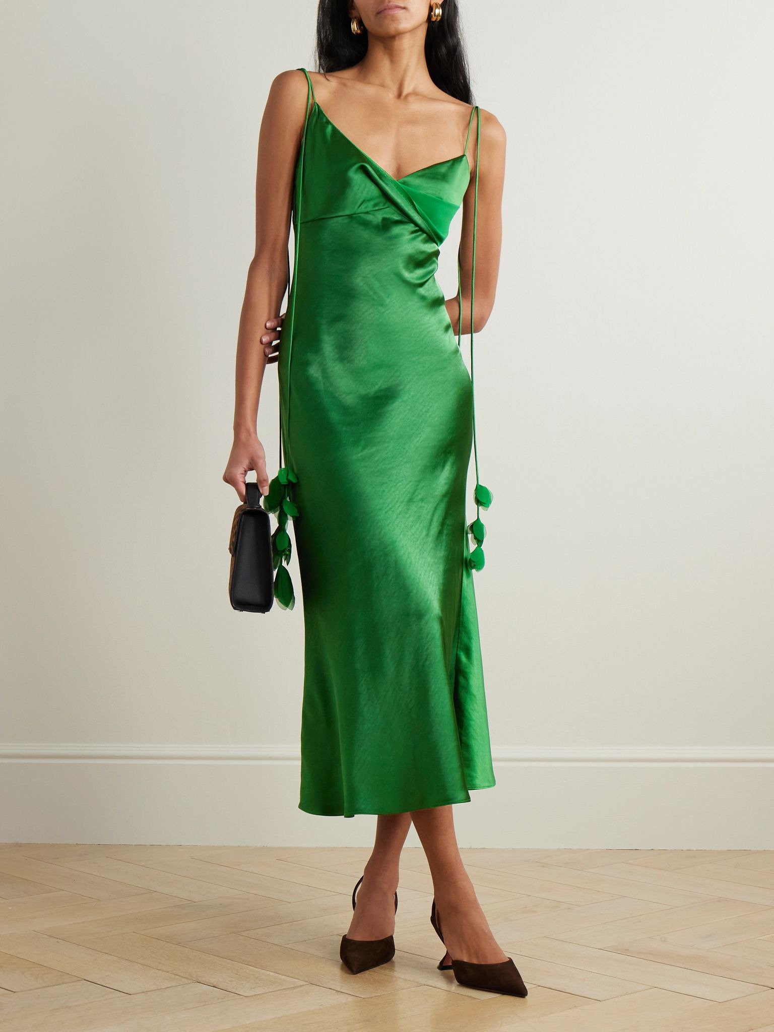 Appliquéd georgette-trimmed draped satin midi dress Green - 2
