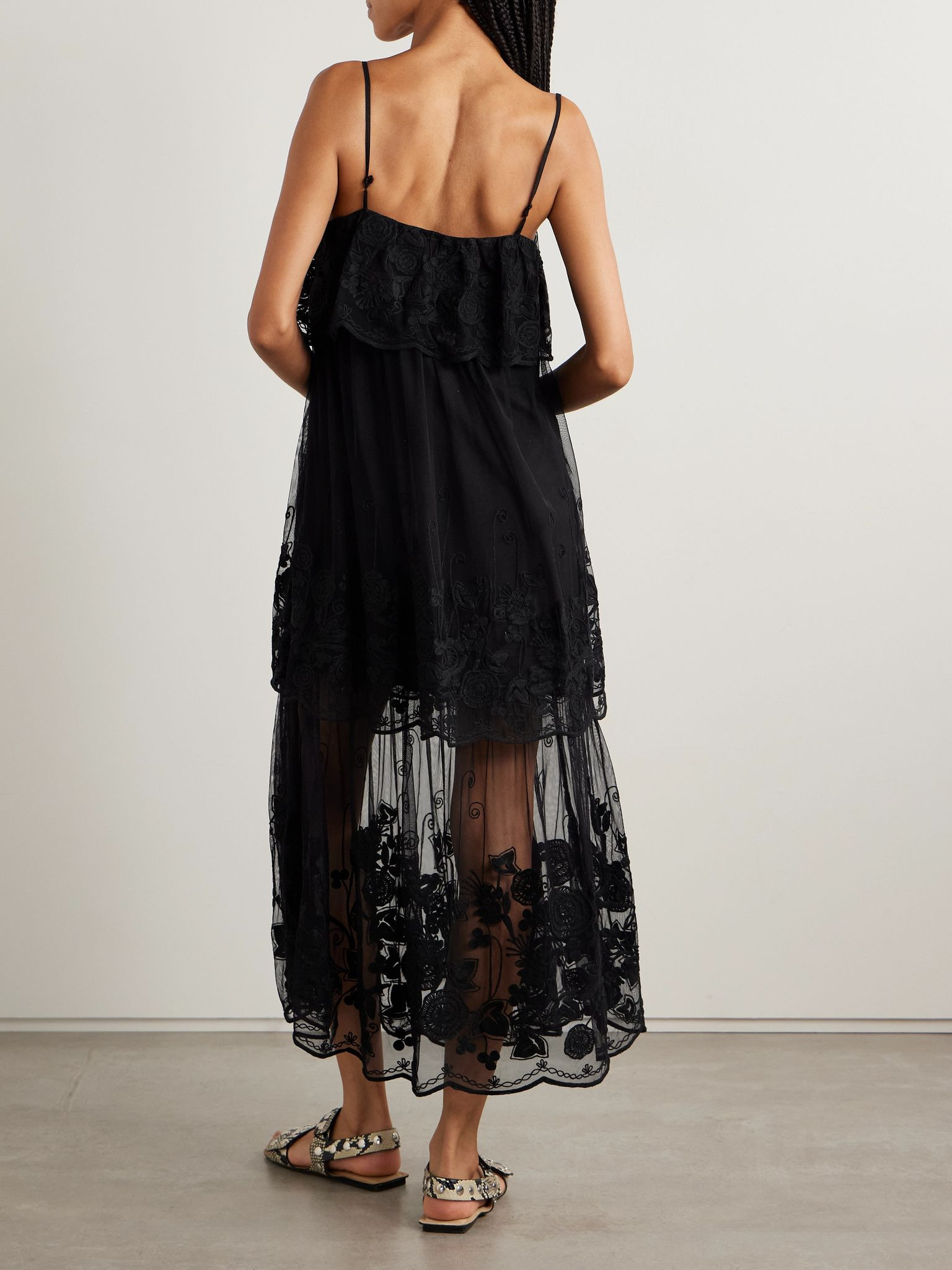 Arielle tiered embroidered tulle midi dress Black - 3