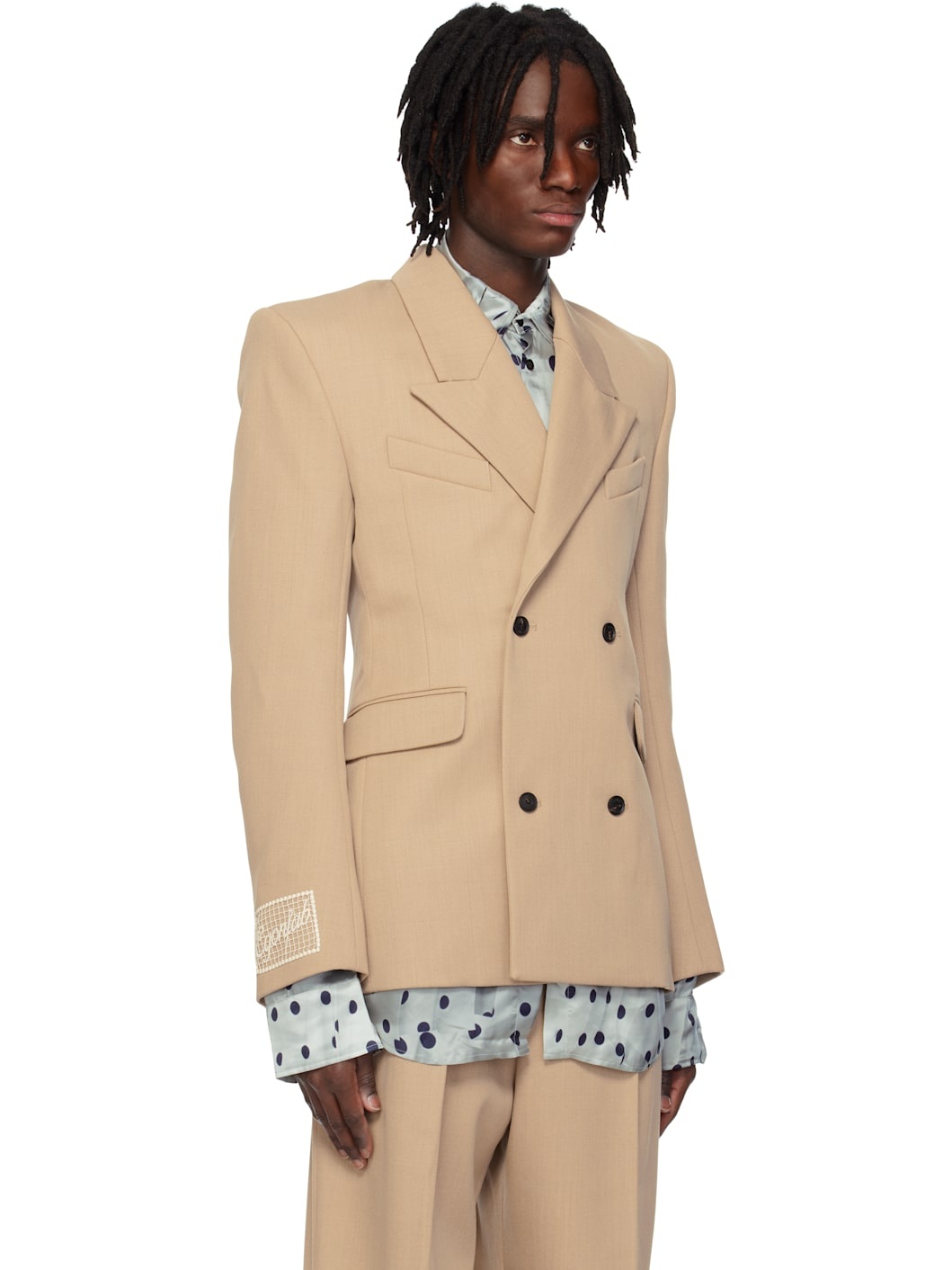 Beige Fitted Double Breasted Blazer - 2