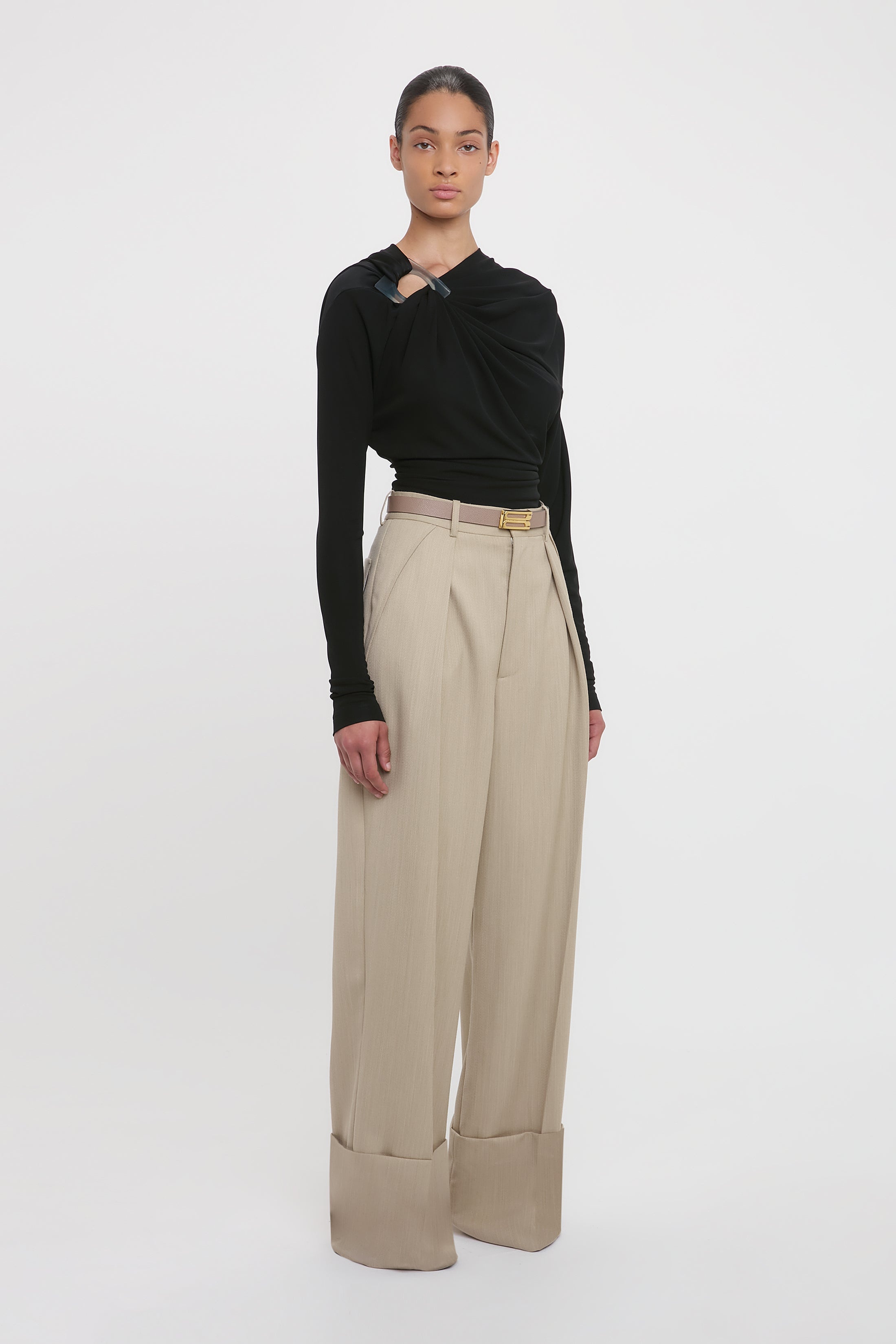 Long Sleeve Draped Jersey Top In Black - 3