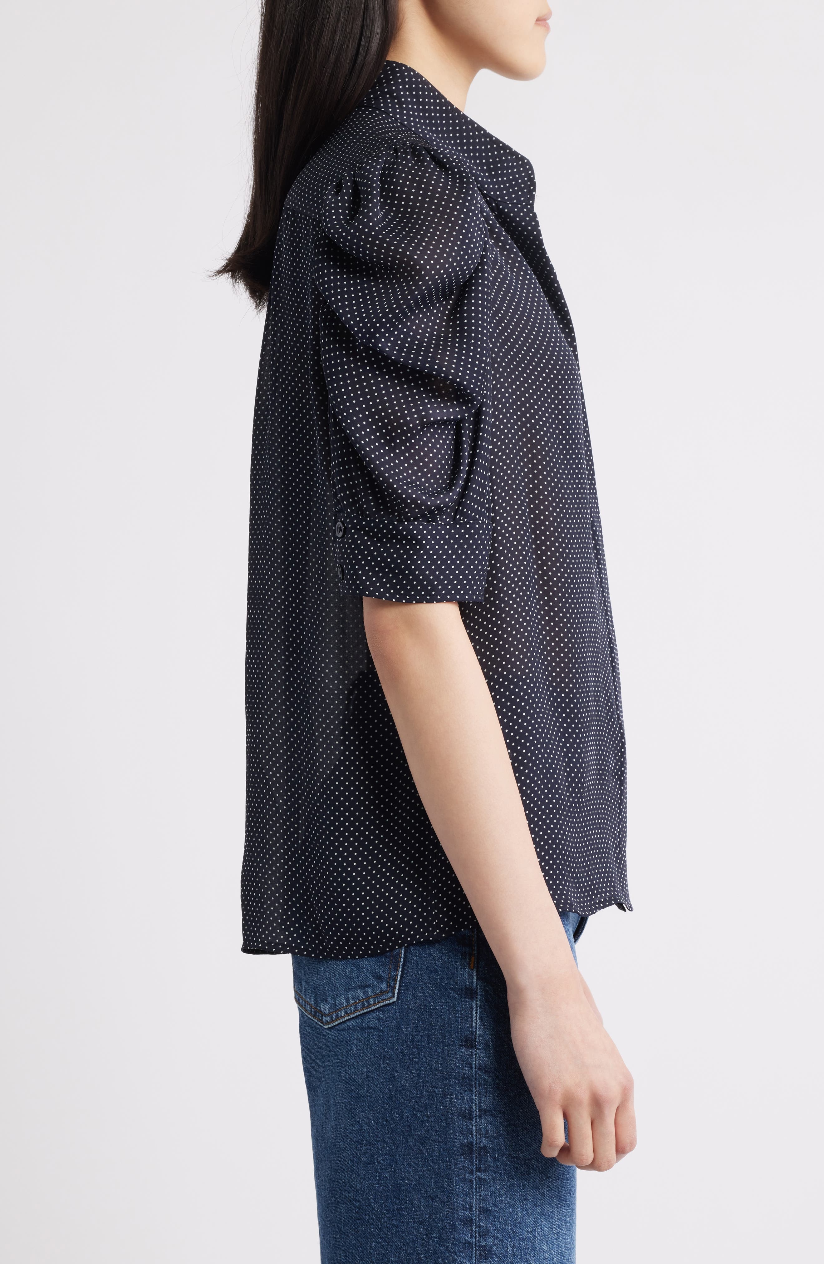 FRAME The Gillian Puff Sleeve Silk Blouse in Navy Multi at Nordstrom - 3