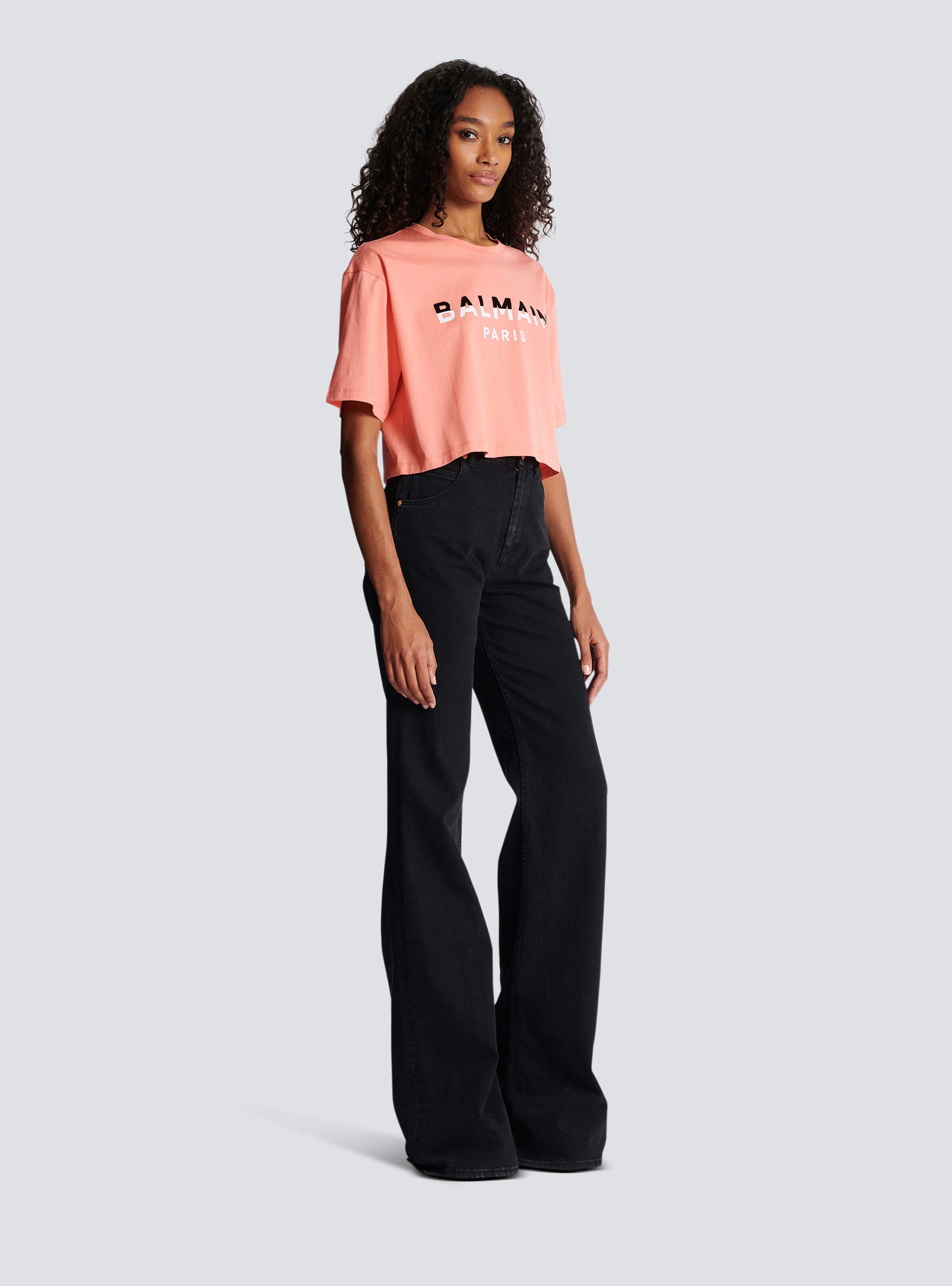 Flocked Balmain Paris cropped T-Shirt - 3