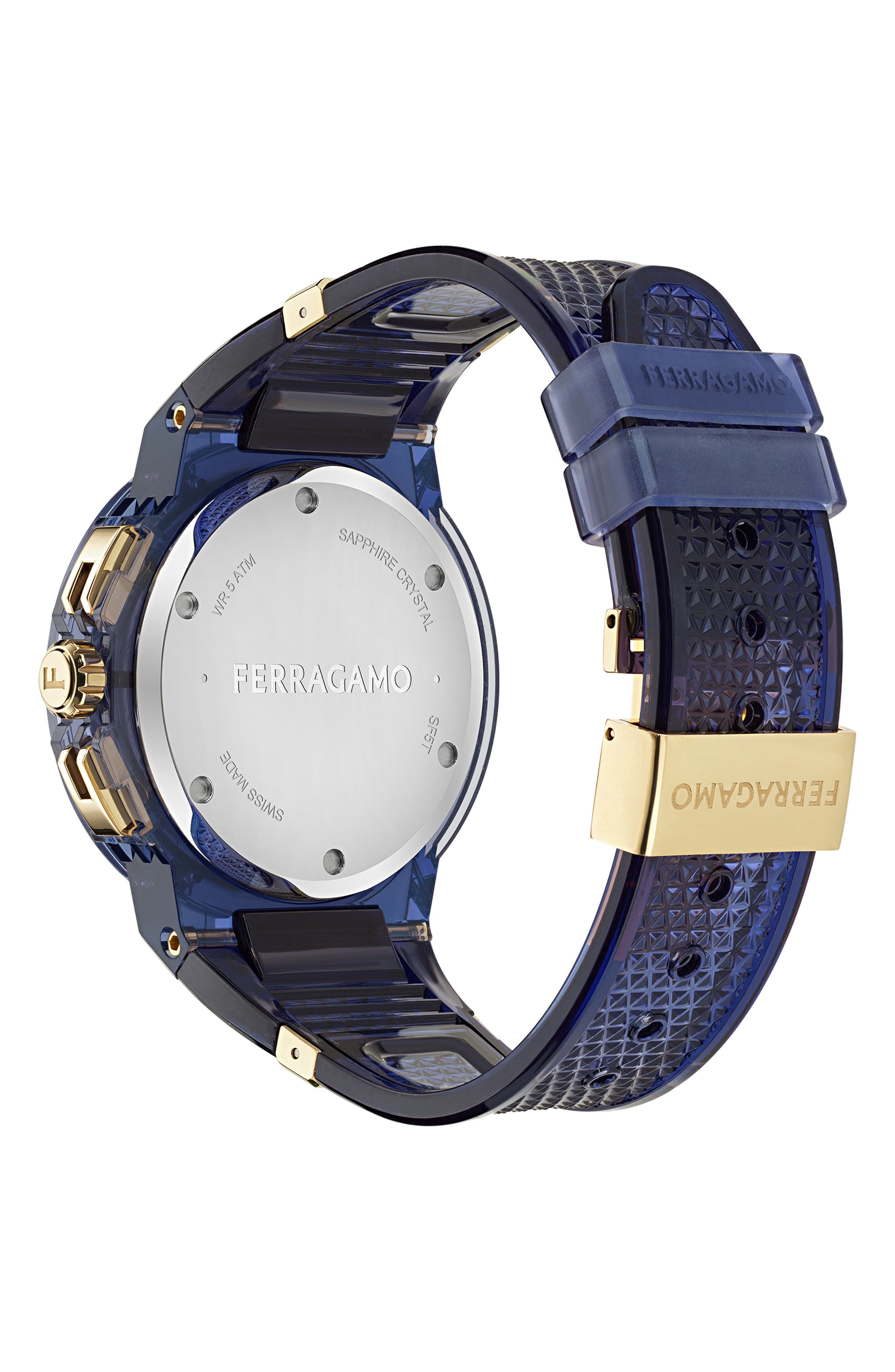 FERRAGAMO F-80 Translucent Chronograph Recycled Polyurthane Strap Watch, 44mm in Blue at Nordstrom - 3