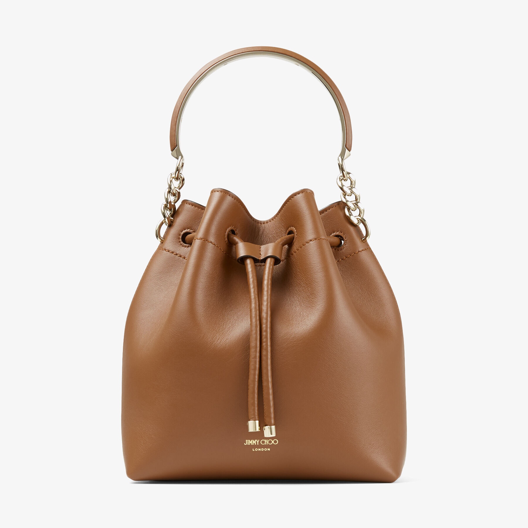 Bon Bon Bucket
Dark Tan Calf Leather Bag with Light Gold Metal Handle - 1