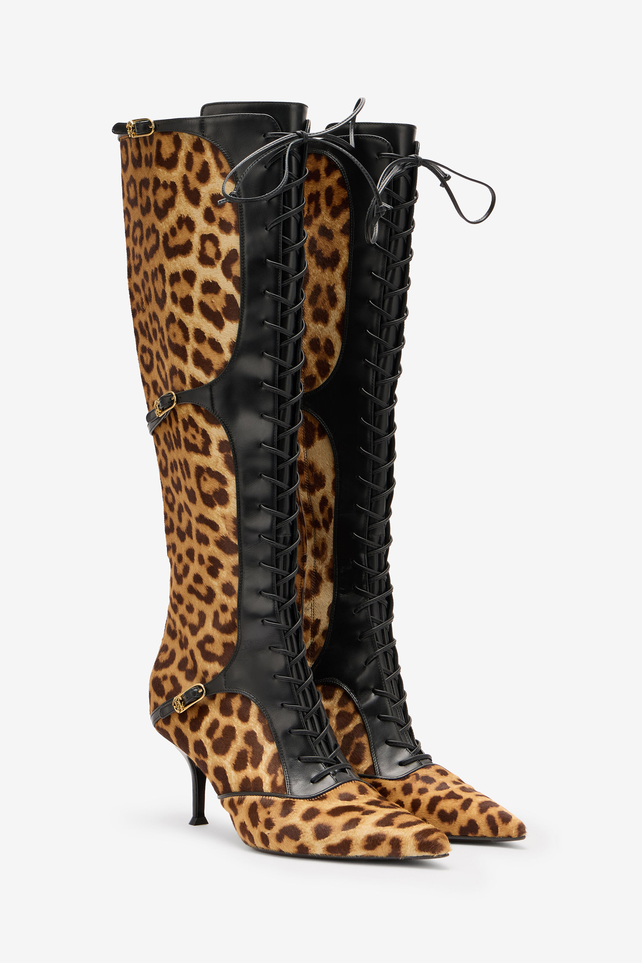 Pointed Lace-Up Boots With Leopard Skin - 2
