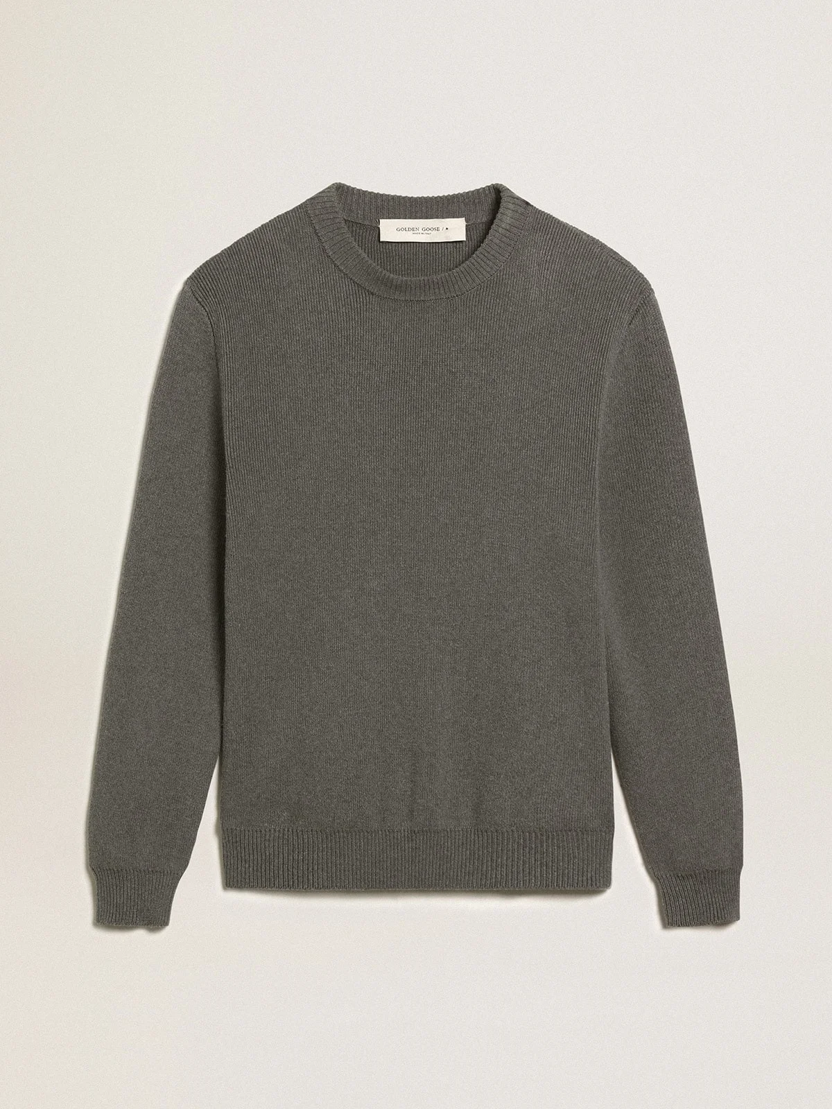 Men's round-neck sweater in dark gray cotton with logo on the back - 1