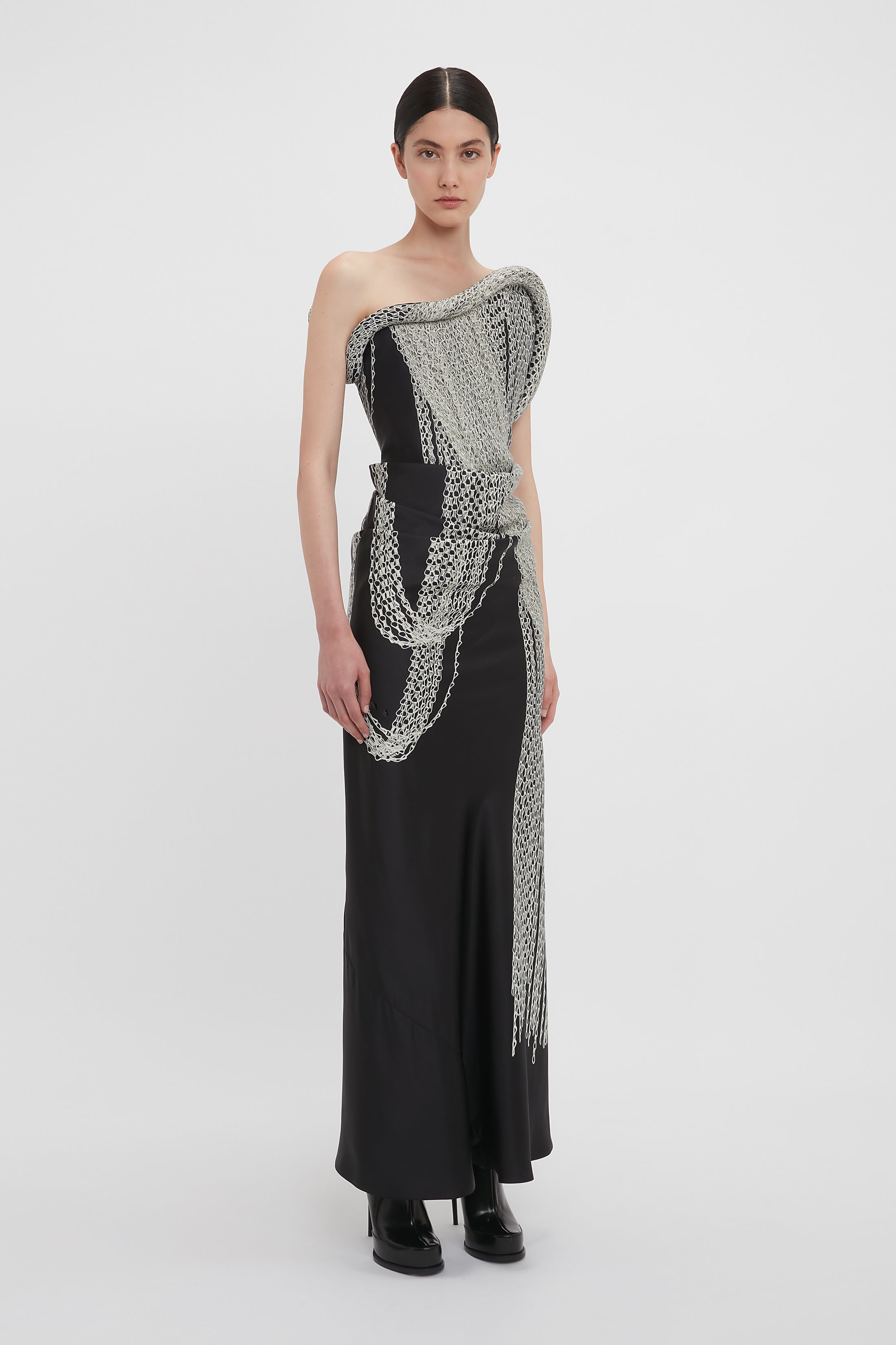 Asymmetric Corset Detail Gown In Black Chain Print - 3