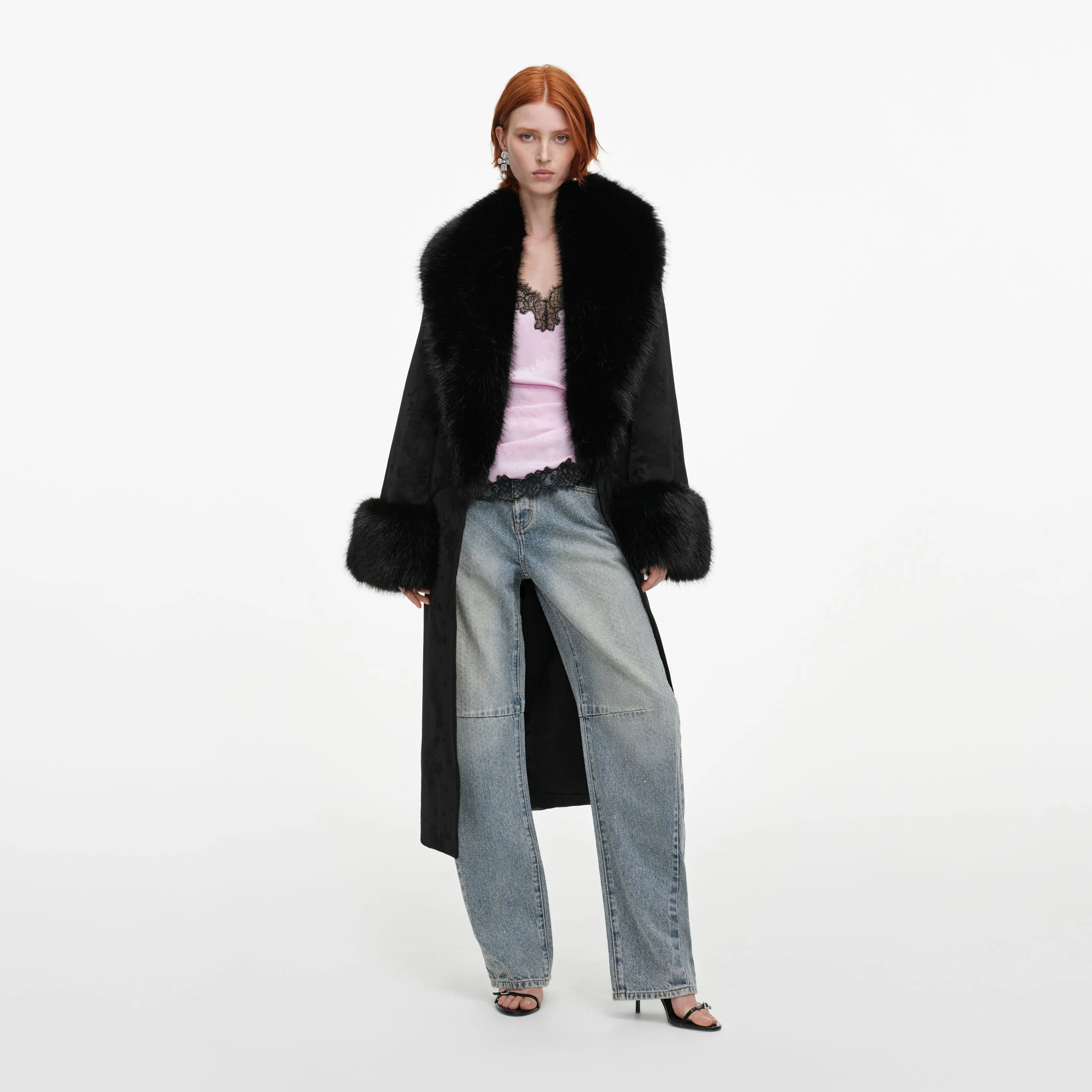 Black Jacquard Fur Collar Coat - 1