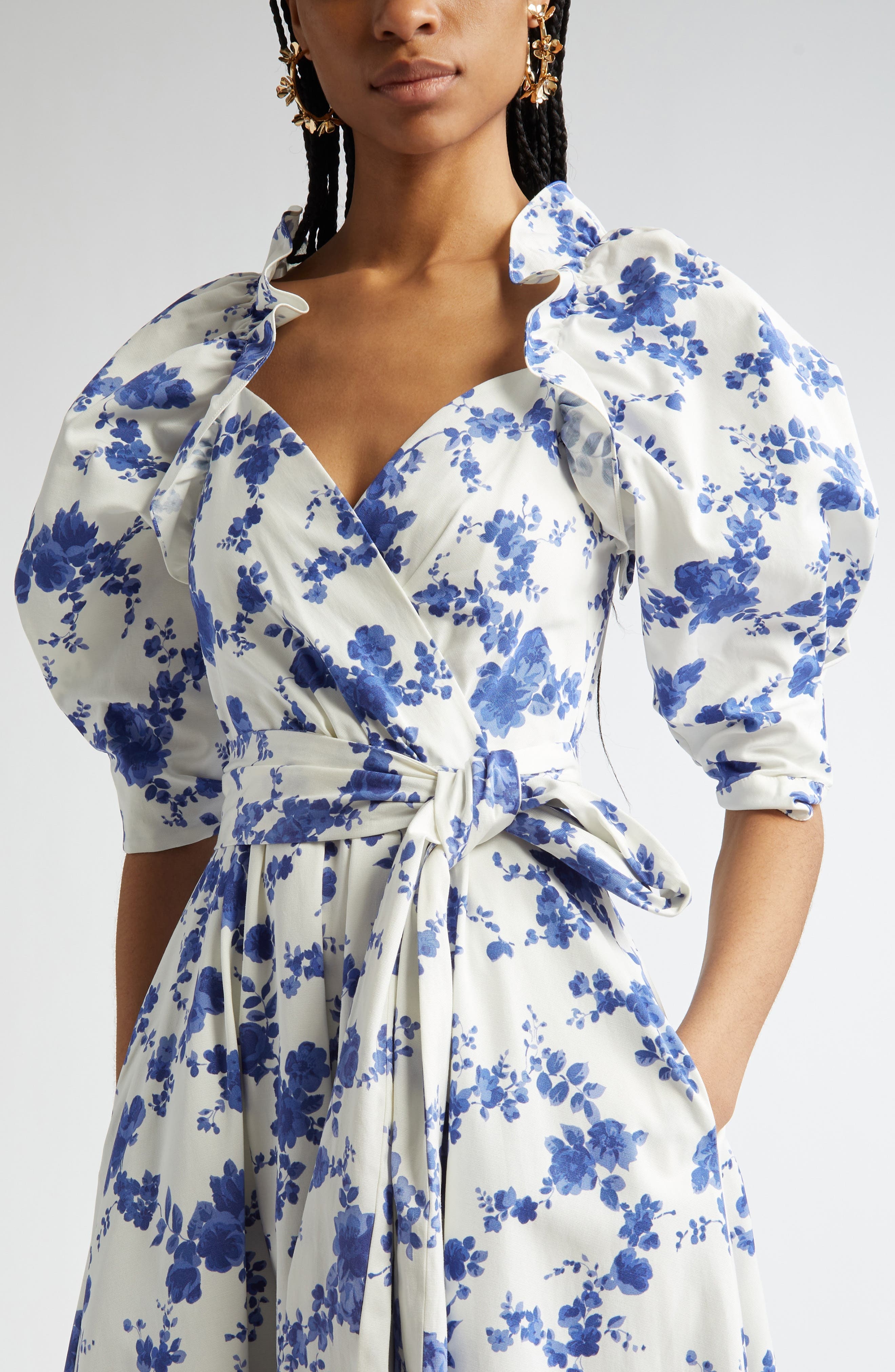 Carolina Herrera Floral Print Puff Sleeve Faux Wrap Dress in White Multi at Nordstrom - 4
