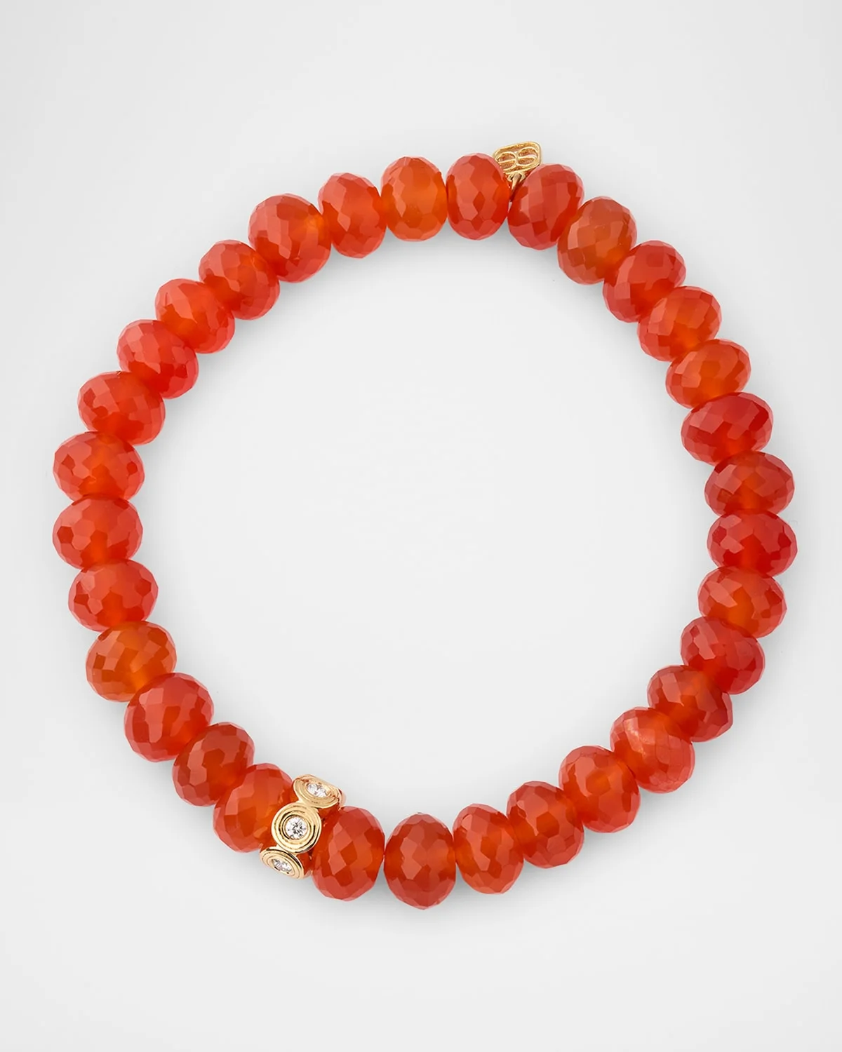 Fluted Stone Rondelle with Diamonds on Carnelian Rondelle Bead Bracelet - 1