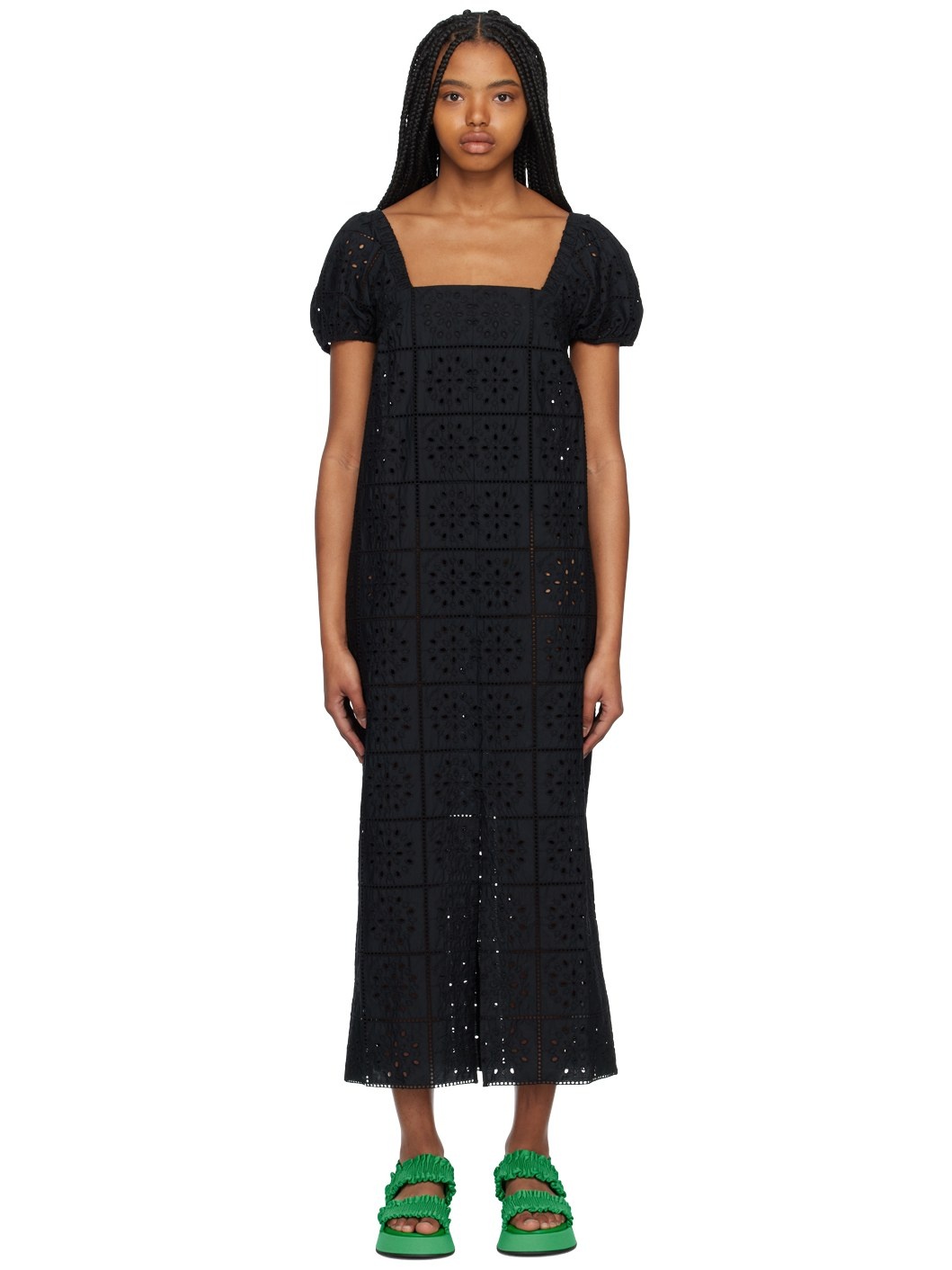 Black Puff Sleeve Midi Dress - 1