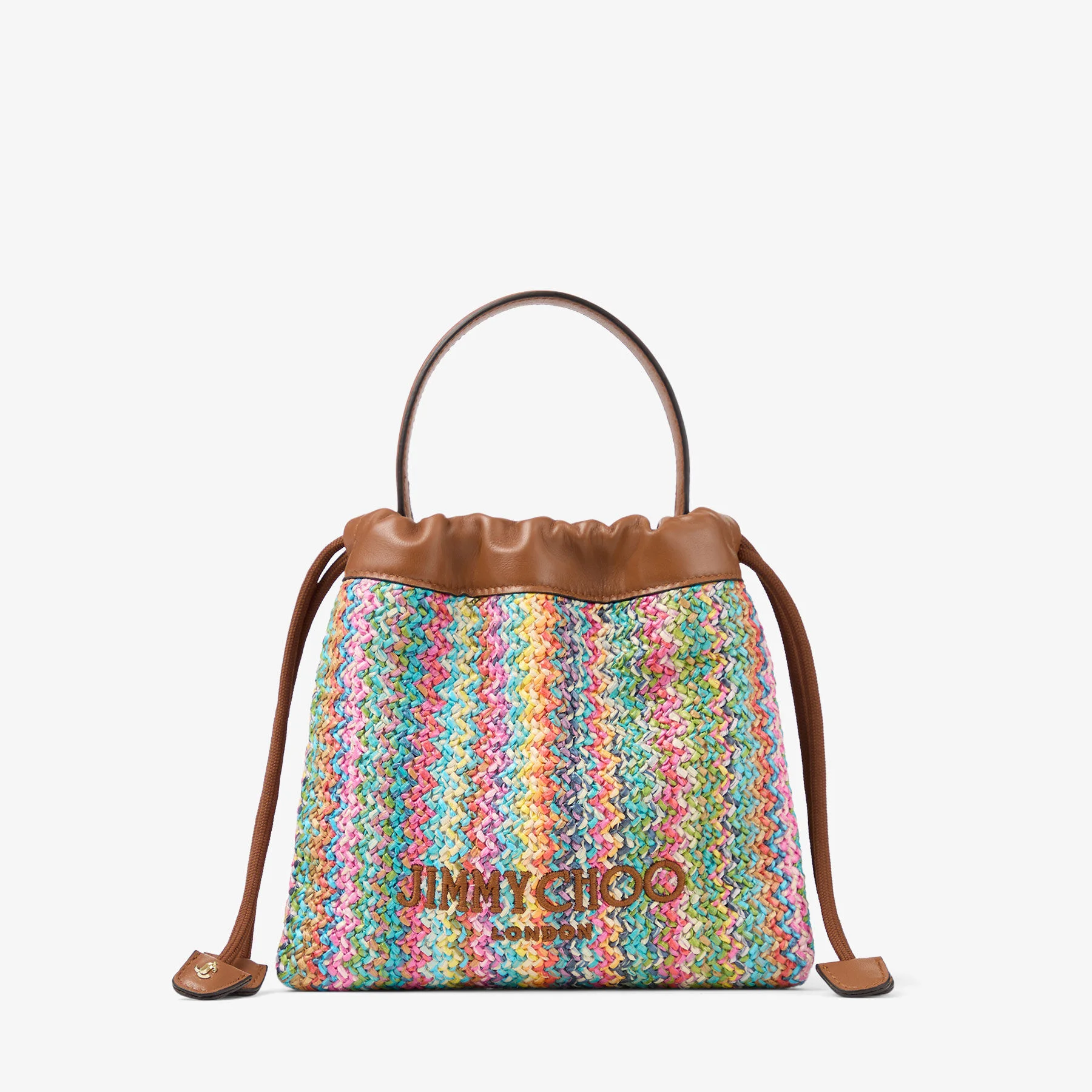 Drawstring Pouch Top Handle Multi and Tan Chevron Raffia Drawstring Pouch with Leather Trim - 1