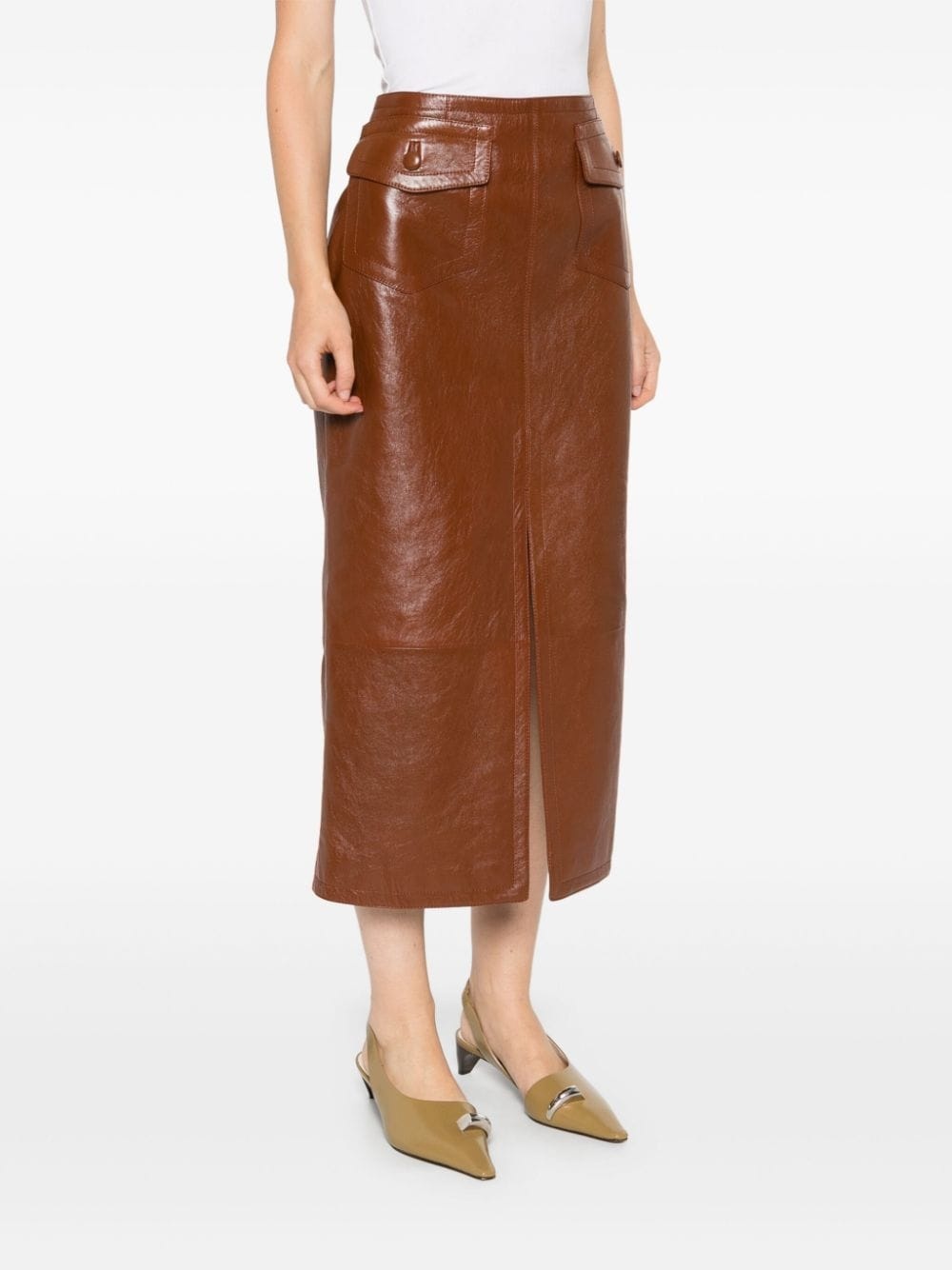 front-slit leather midi skirt - 3